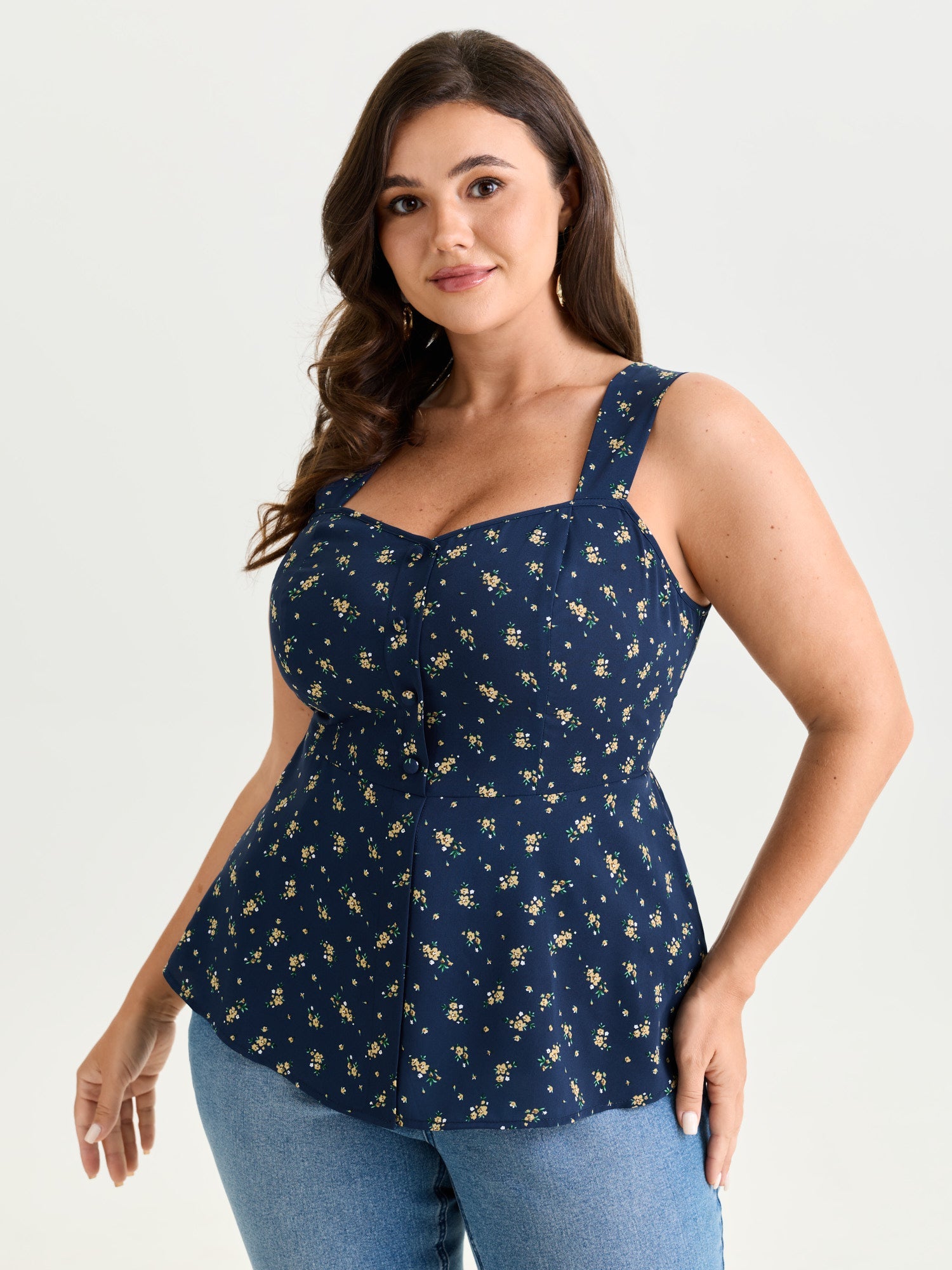 Floral Print Shirred Cinched-Waist Tank Top