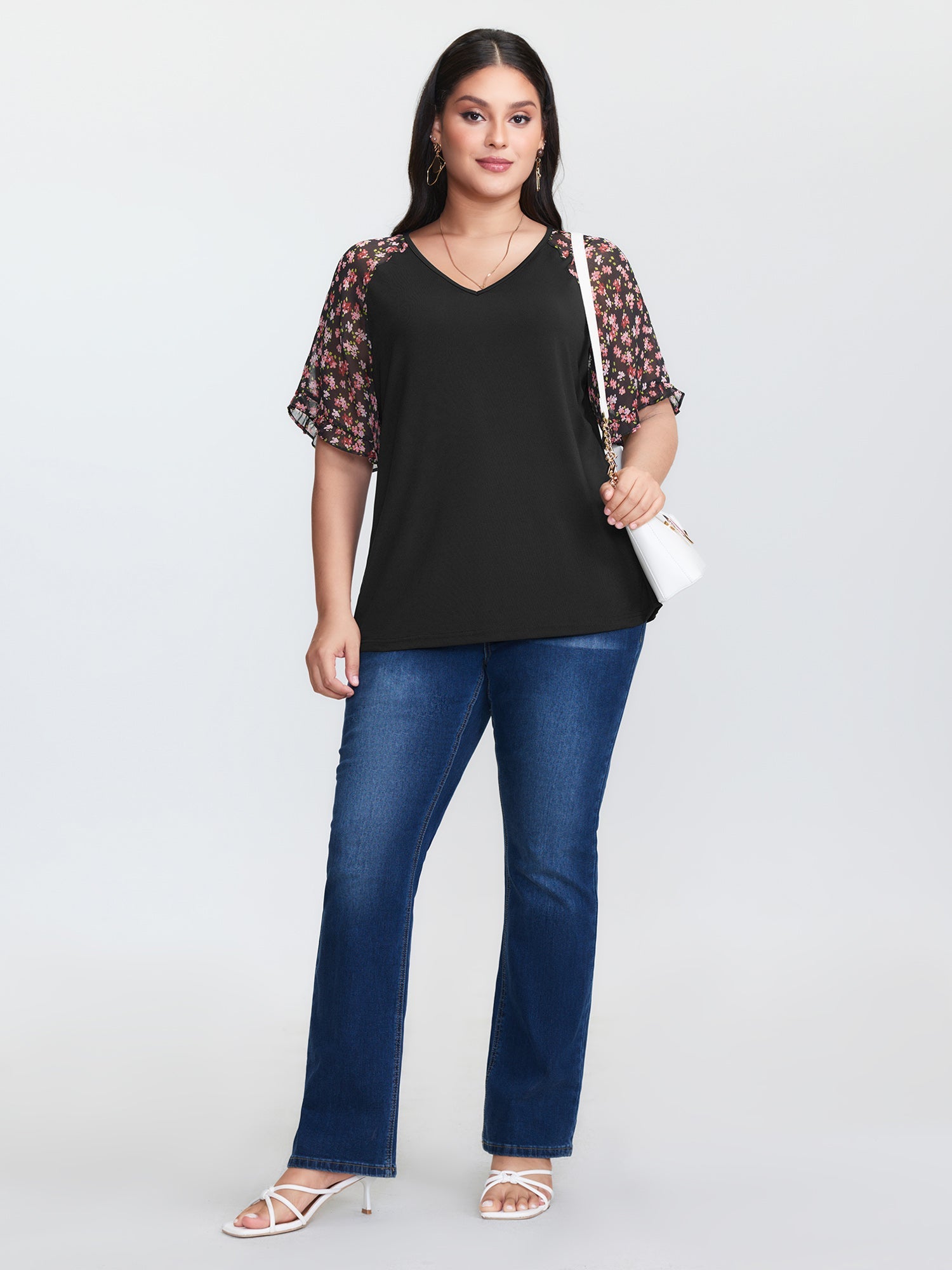 Sheer Floral Print Ruffled Cuff Sleeve Top