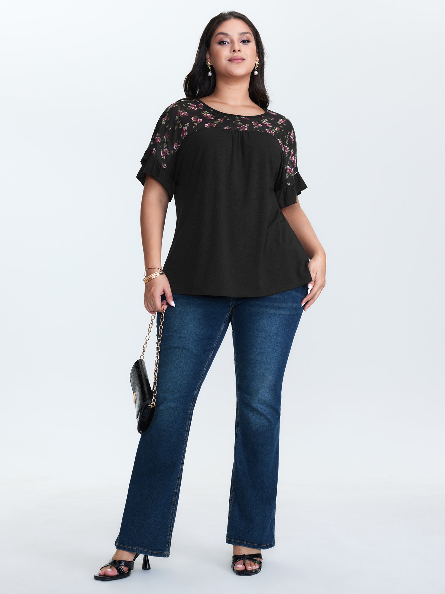 Sheer Floral Print Contrast Knit Top