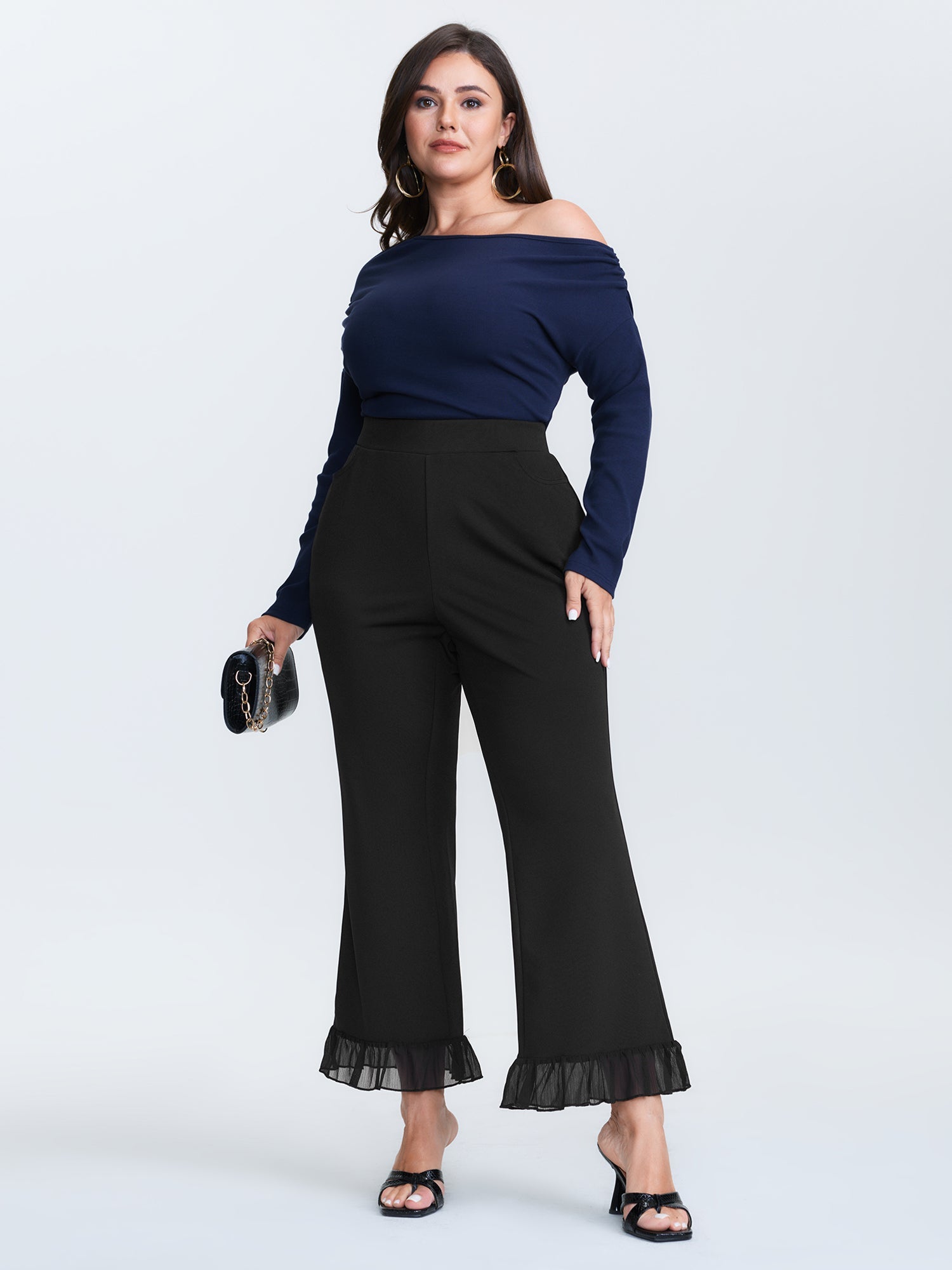 Ruffled Flared Hem Plain Pants