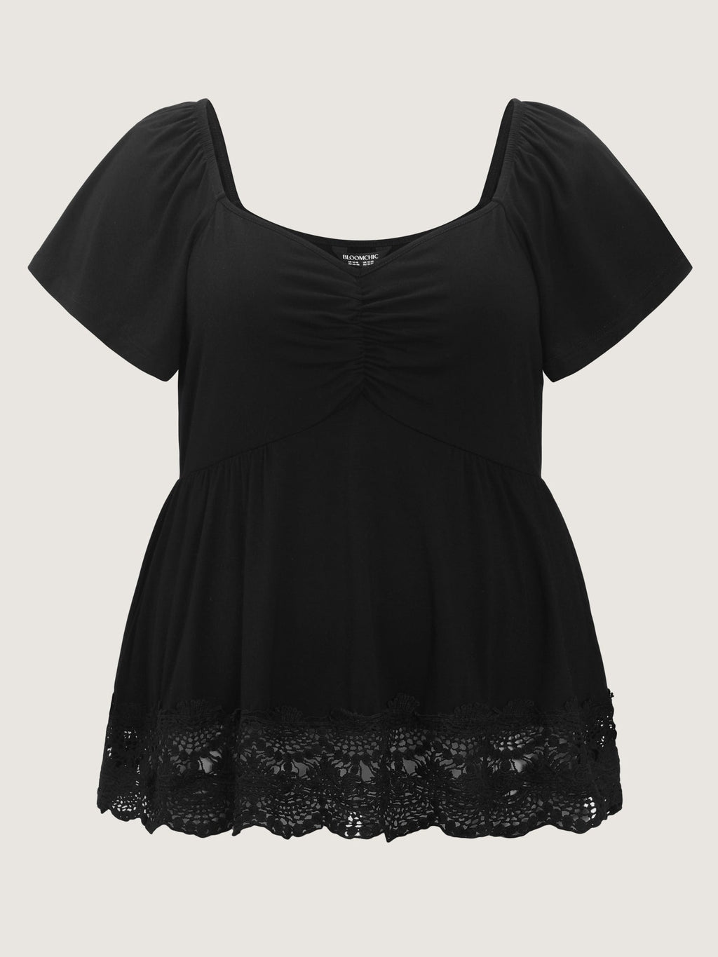 Lace Trim Flared Sleeve Ruched-Front Knit Top
