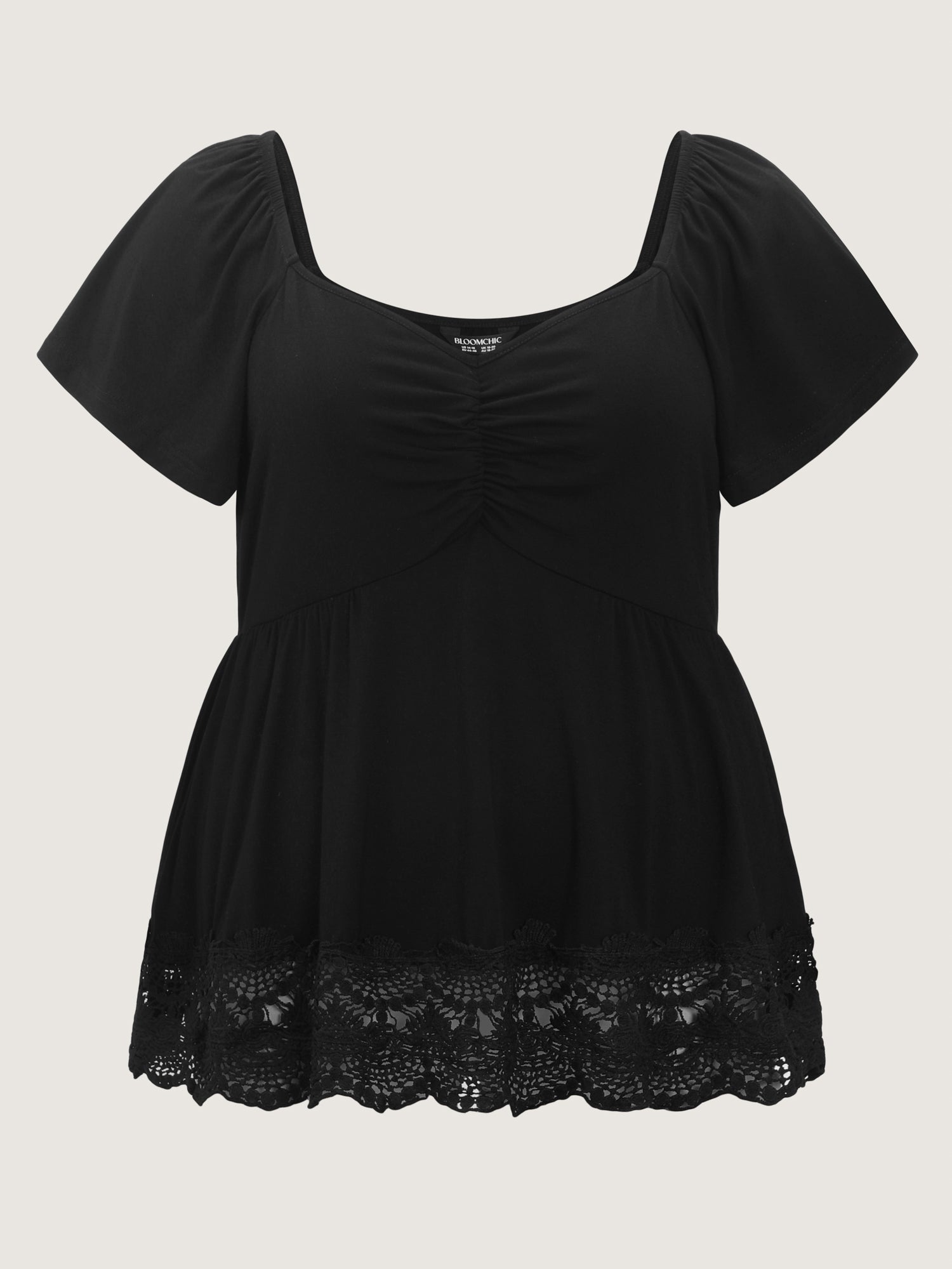 Lace Trim Flared Sleeve Ruched-Front Knit Top