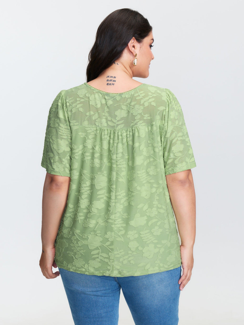 Textured Lace Neckline Flowy Sleeve Blouse