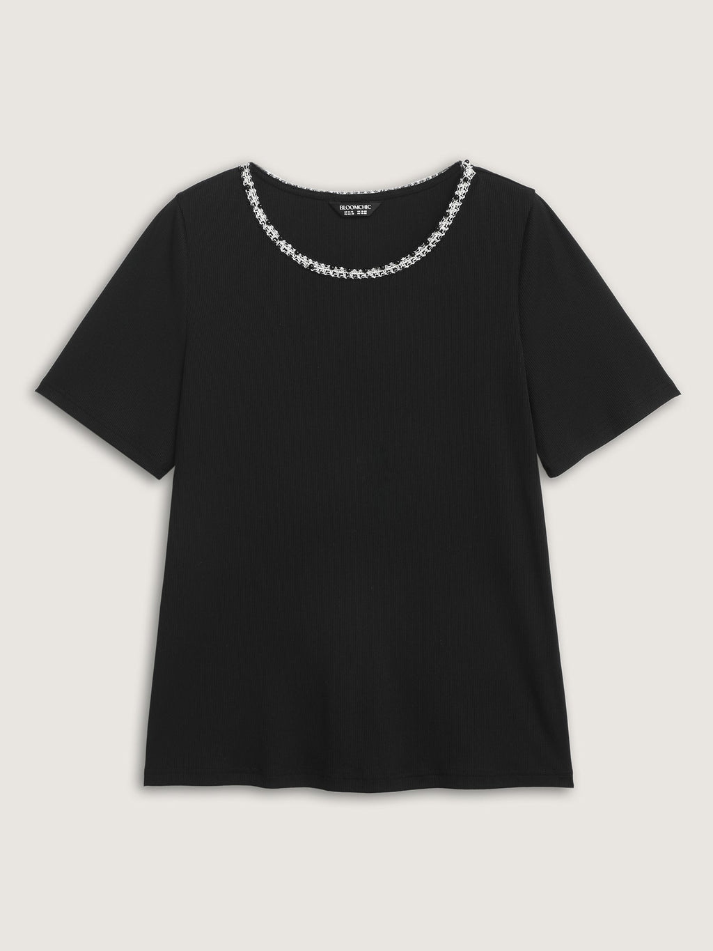 Beaded Neckline Stretchy Plain T-Shirt