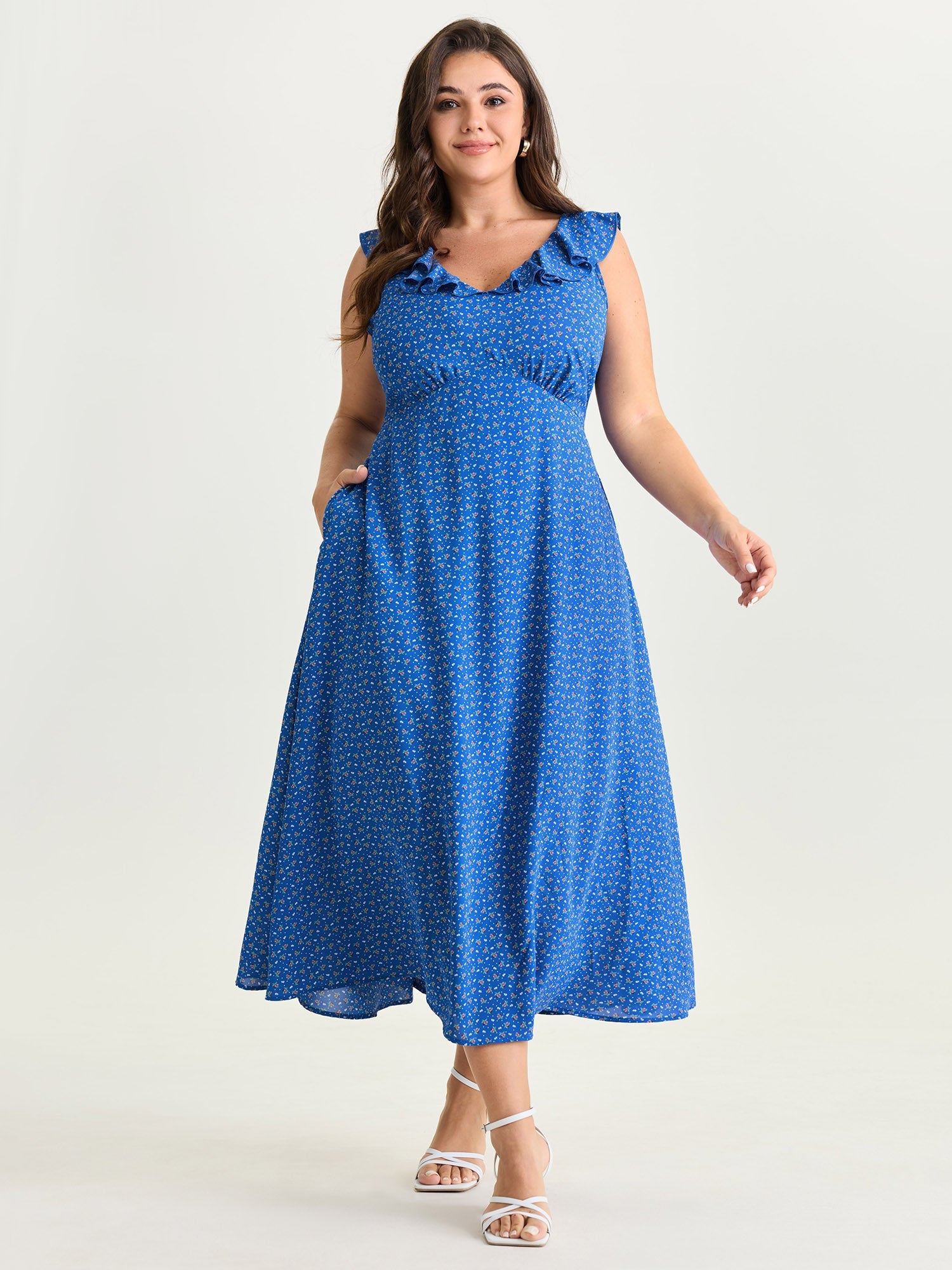 Ruffled Neckline Micro Floral Print Midi Dress