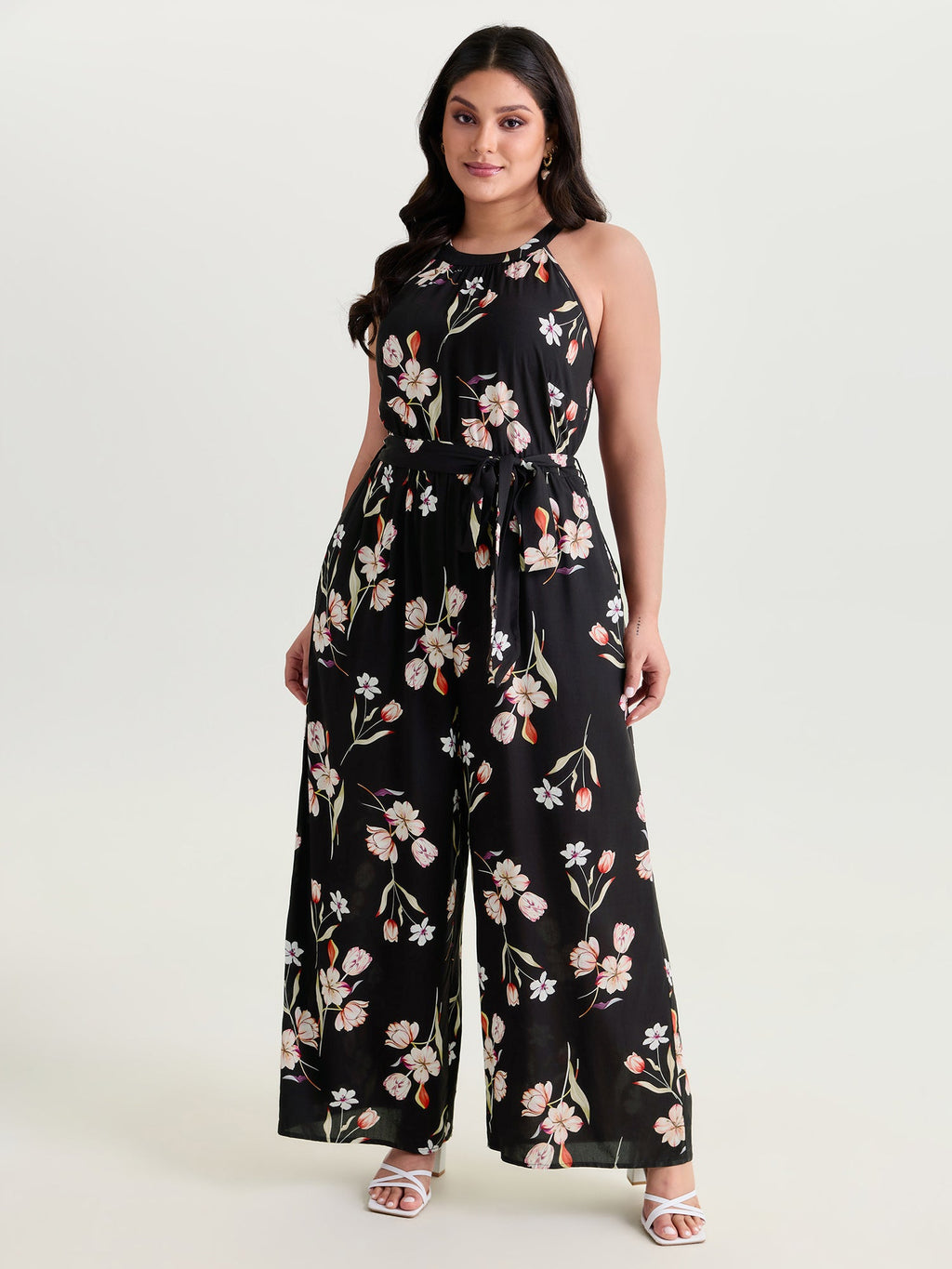 Large Floral Print Halter Neckline Jumpsuit