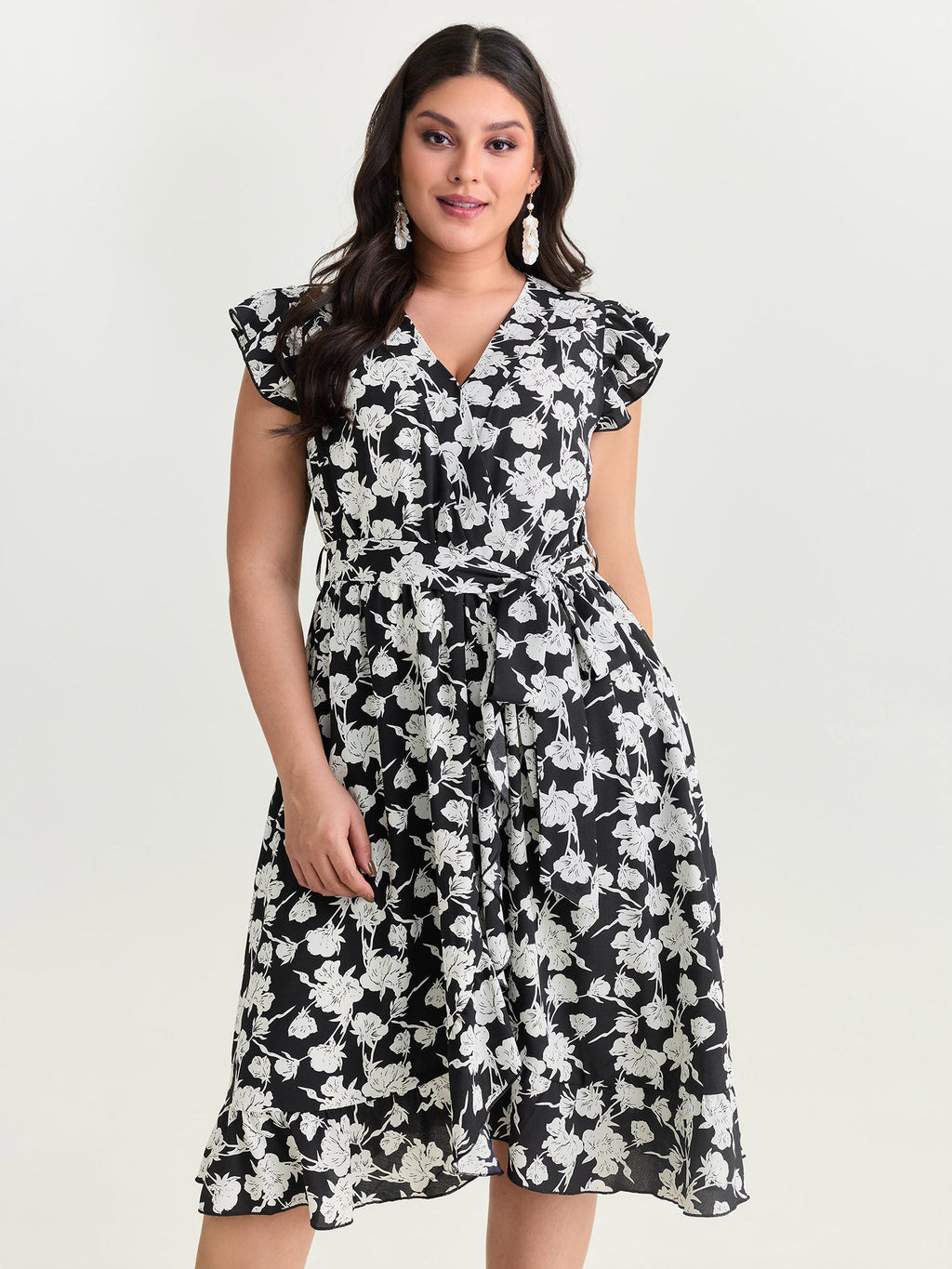 Floral Print Wrap Neckline Side Tie Midi Dress