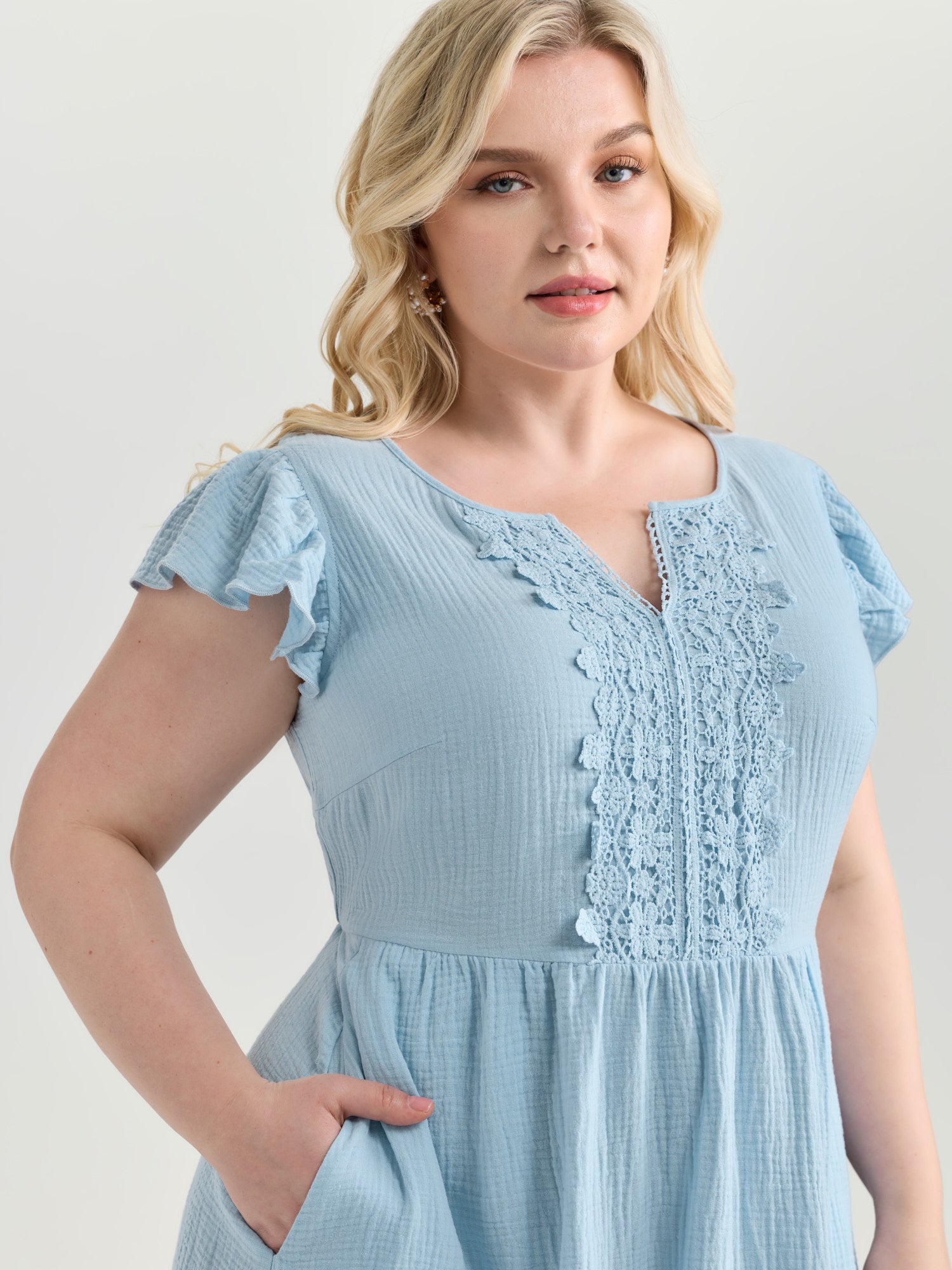 Textured Flutter Sleeve Notched Collar Mini Dress