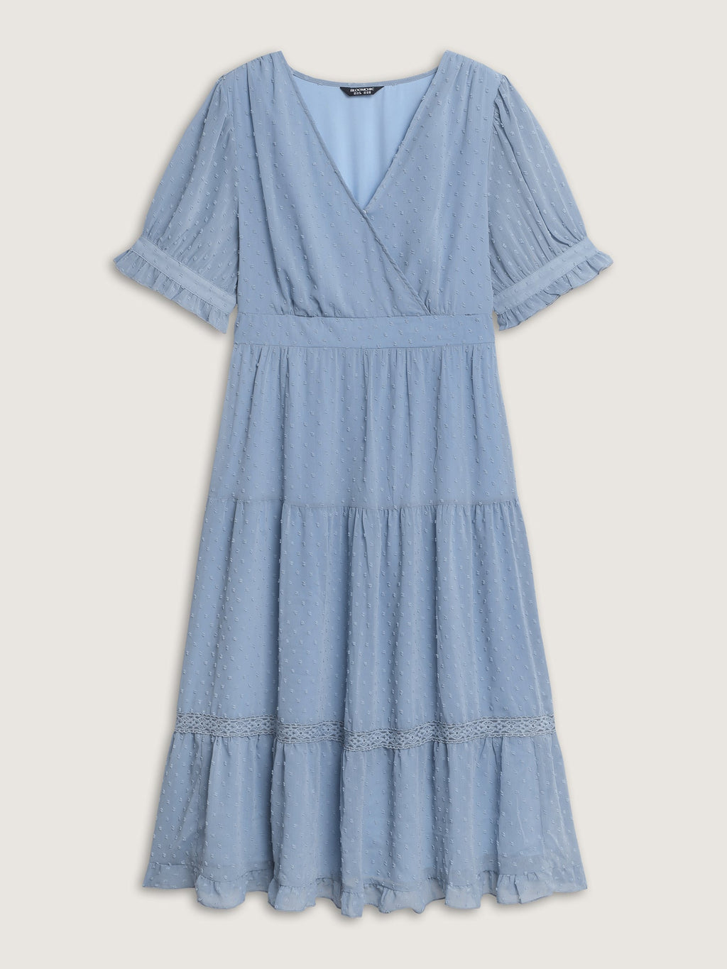 Textured Lace Trim Wrap Neckline Tiered Midi Dress