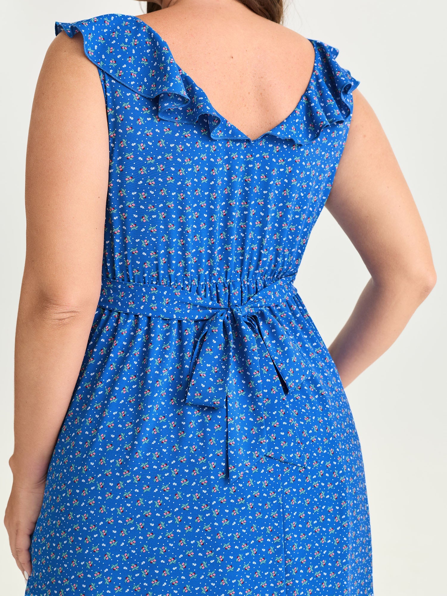Ruffled Neckline Micro Floral Print Midi Dress