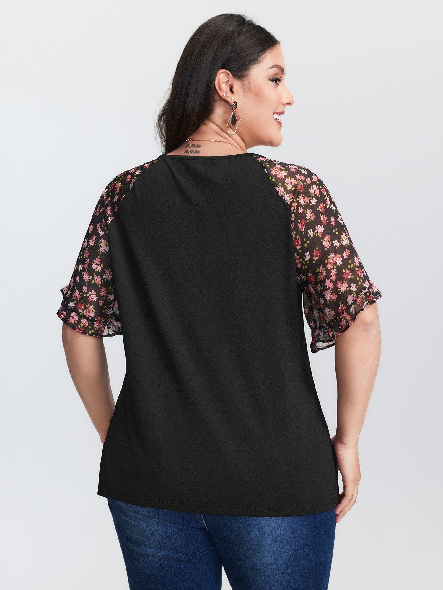 Sheer Floral Print Ruffled Cuff Sleeve Top