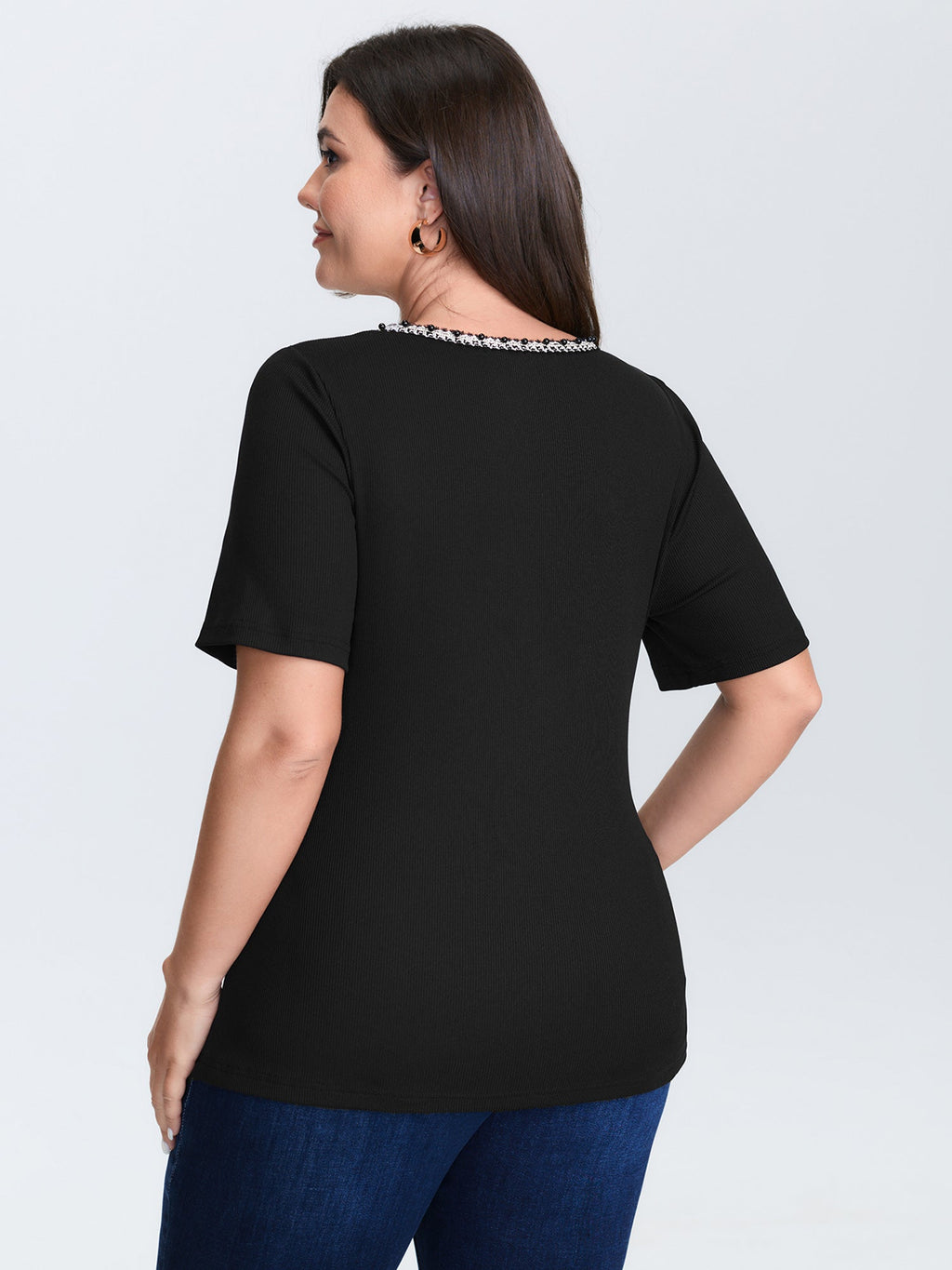 Beaded Neckline Stretchy Plain T-Shirt
