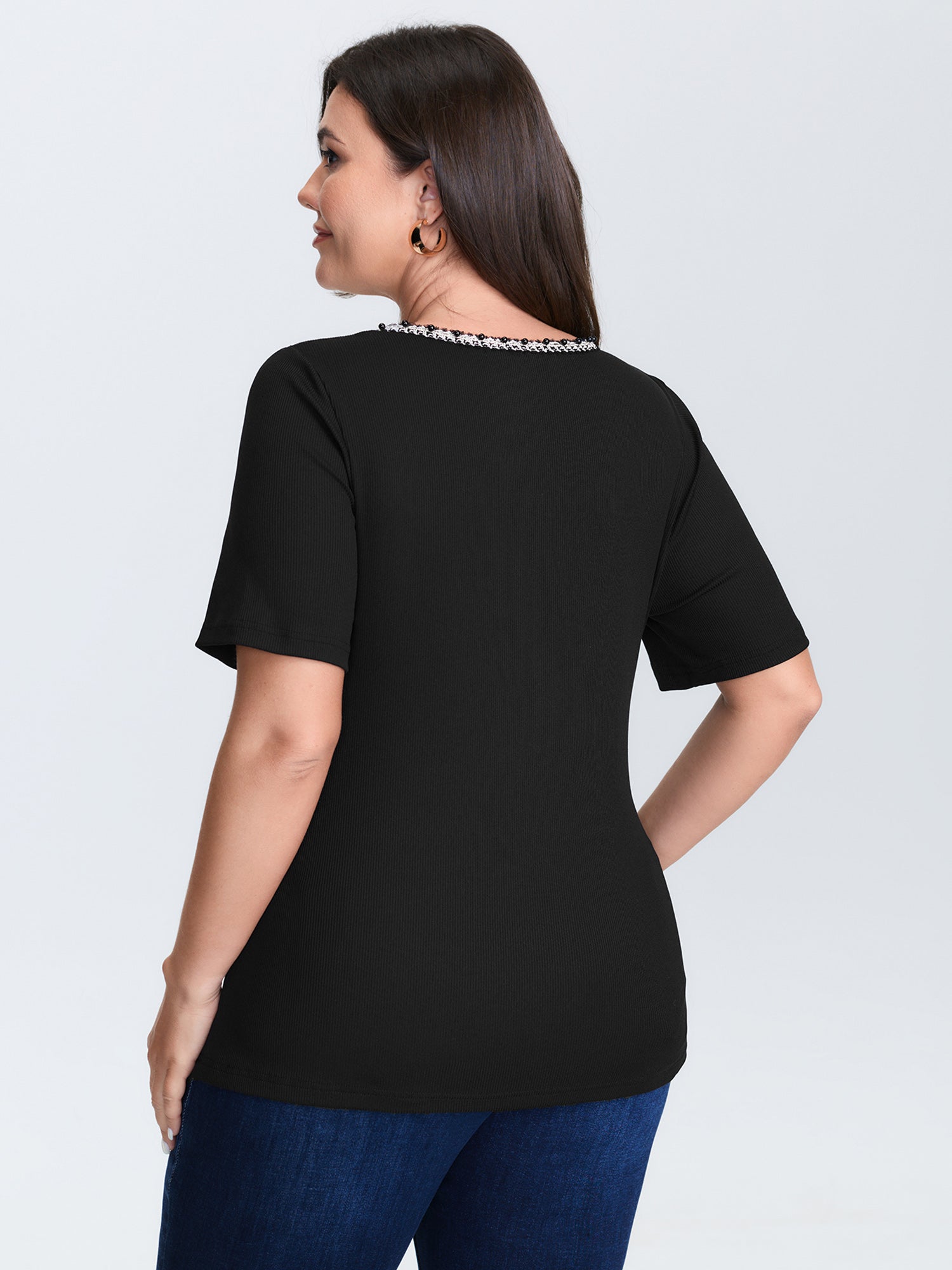 Beaded Neckline Stretchy Plain T-Shirt