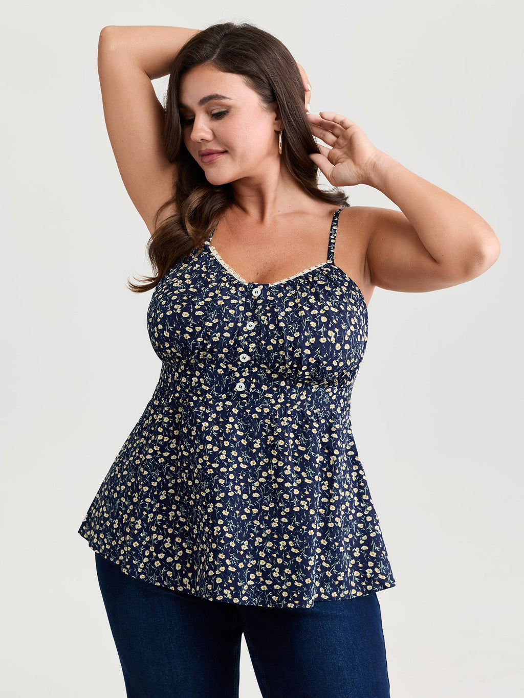 Retro Floral Print Lace Trim Tank Top