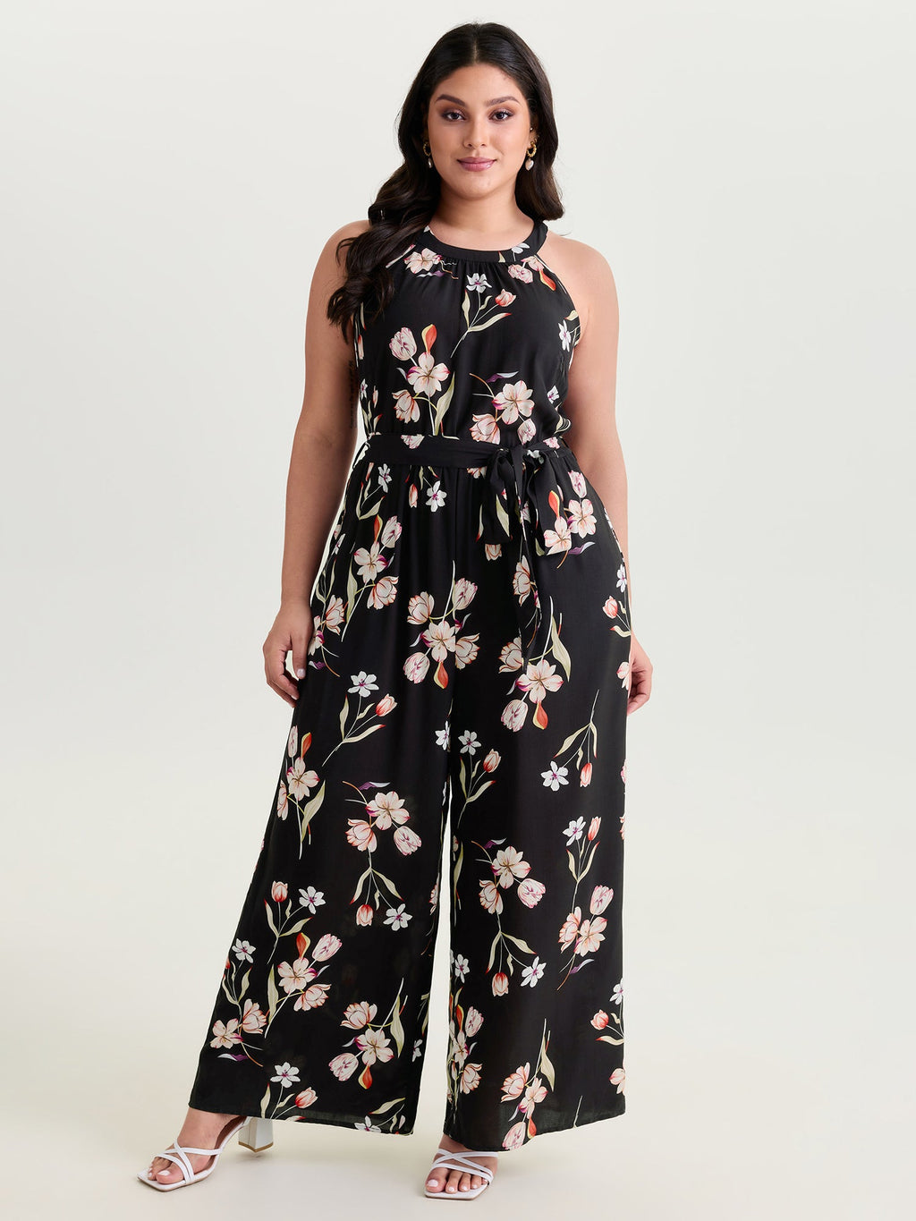 Large Floral Print Halter Neckline Jumpsuit