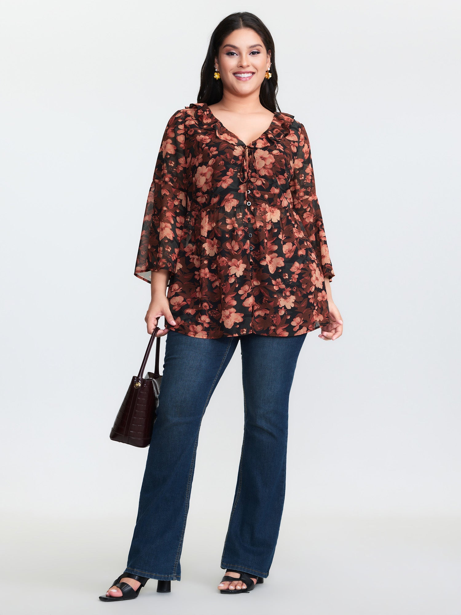 Floral Print Ruffled Neckline Blouse