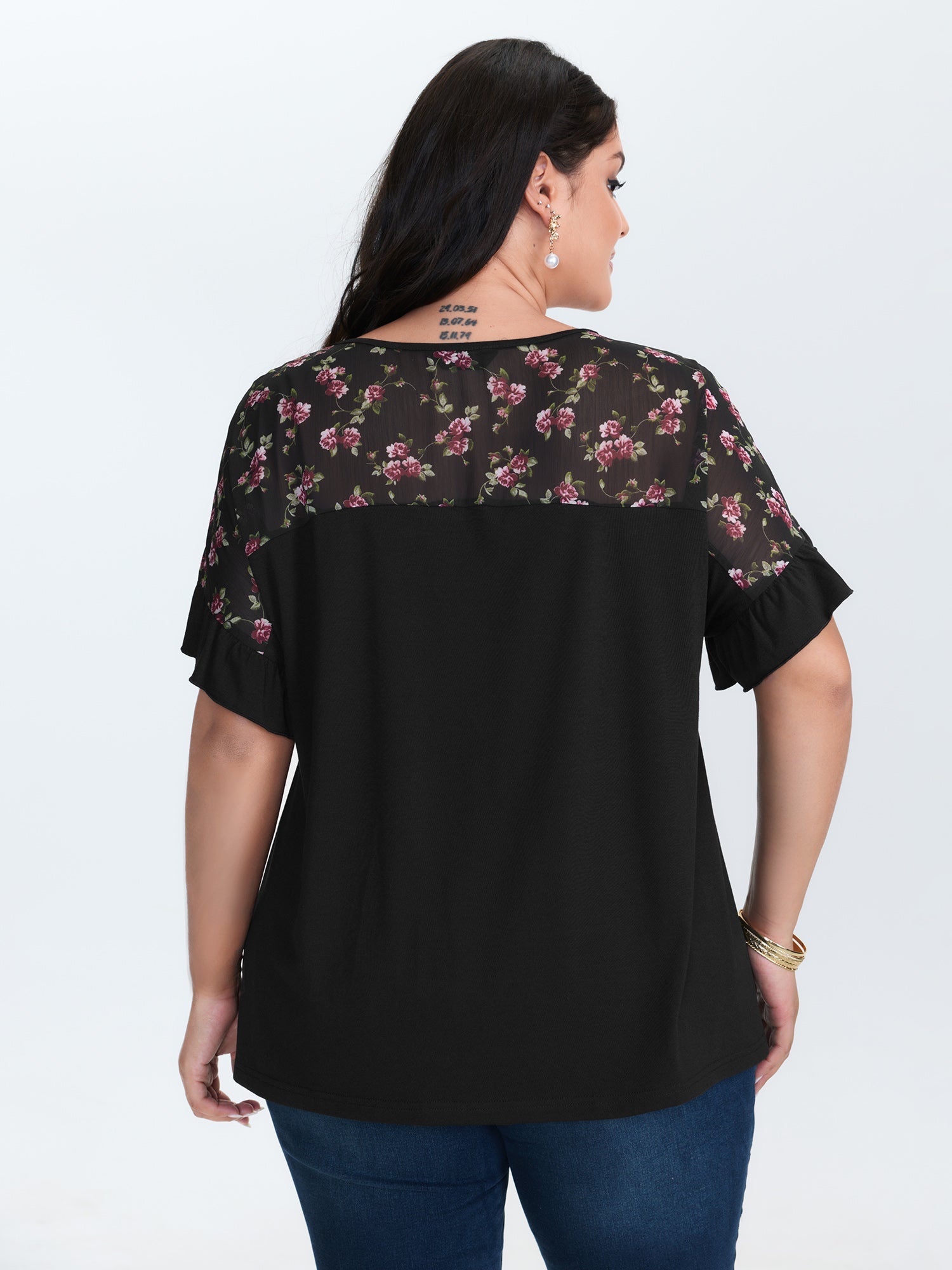 Sheer Floral Print Contrast Knit Top