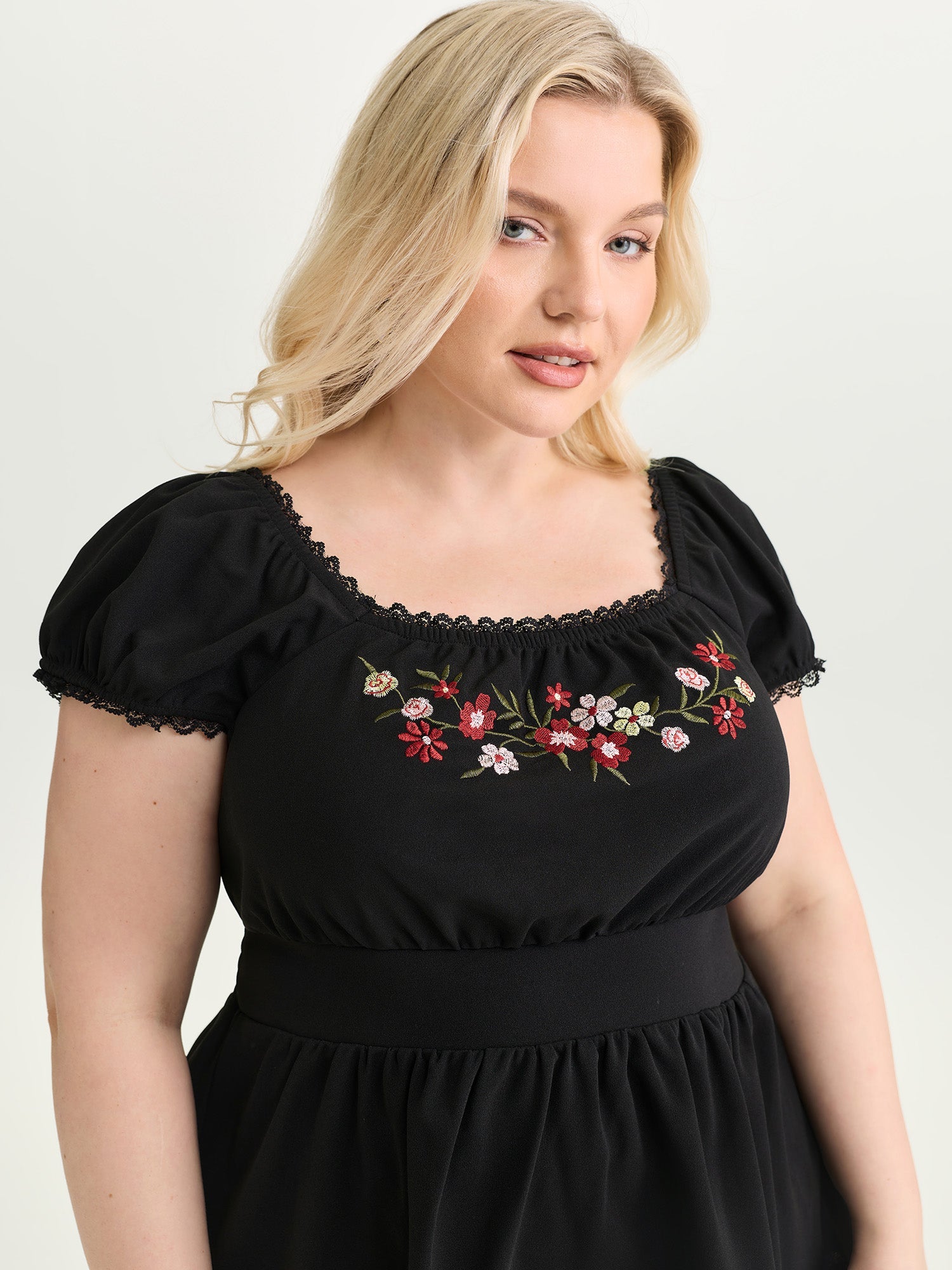 Floral Embroidered Babydoll Plain Knit Top