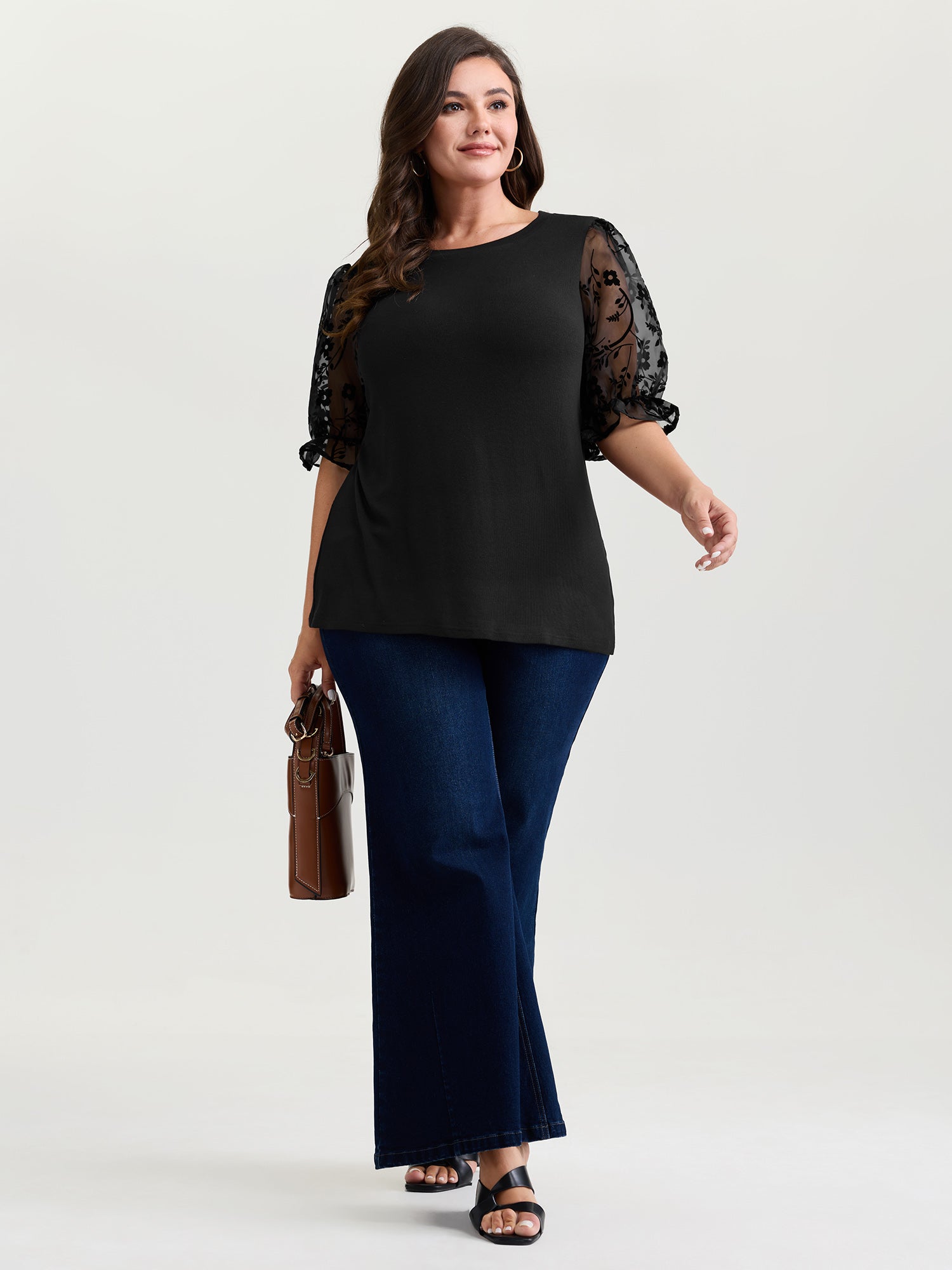 Sheer Puffy Sleeve Round Neck T-Shirt