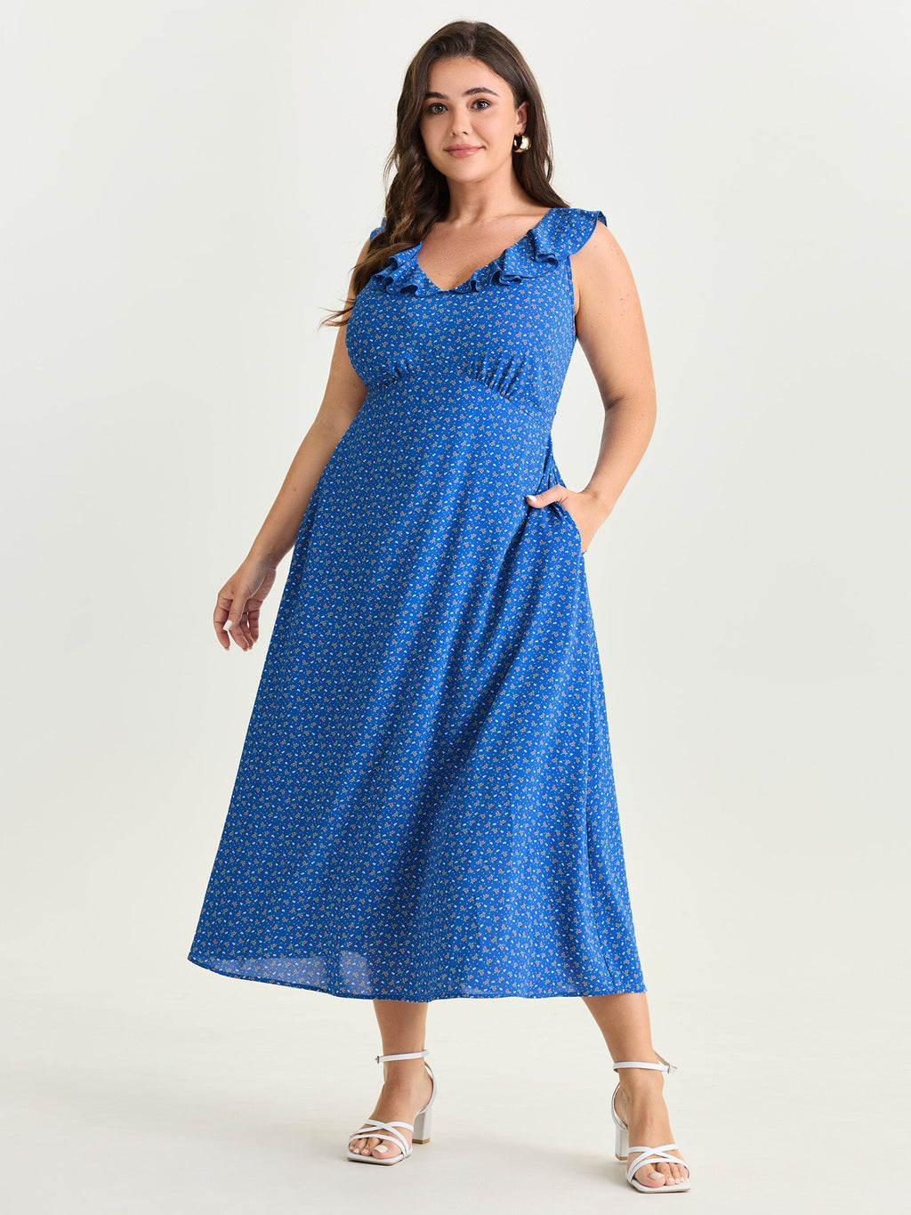 Ruffled Neckline Micro Floral Print Midi Dress