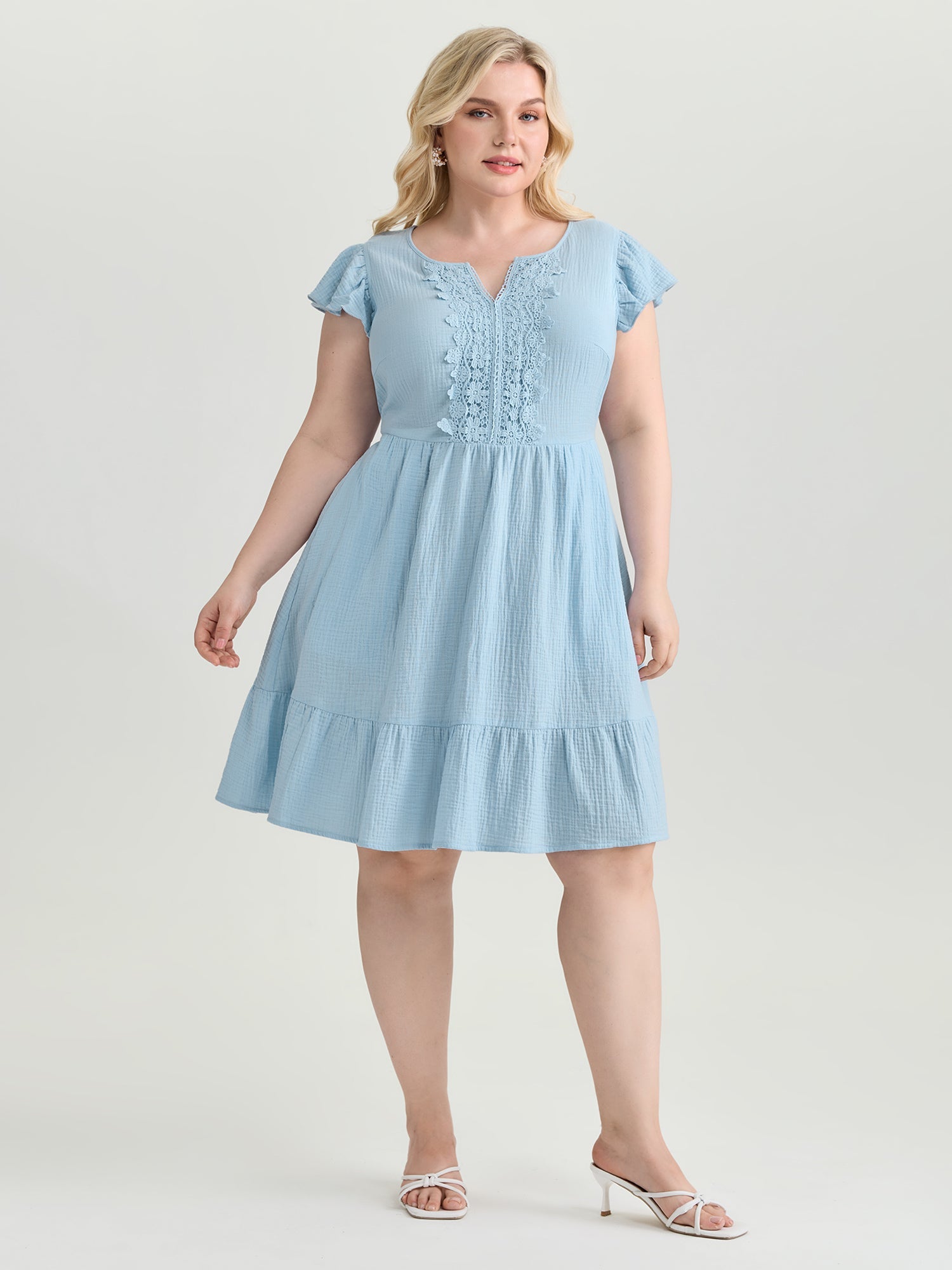 Textured Flutter Sleeve Notched Collar Mini Dress