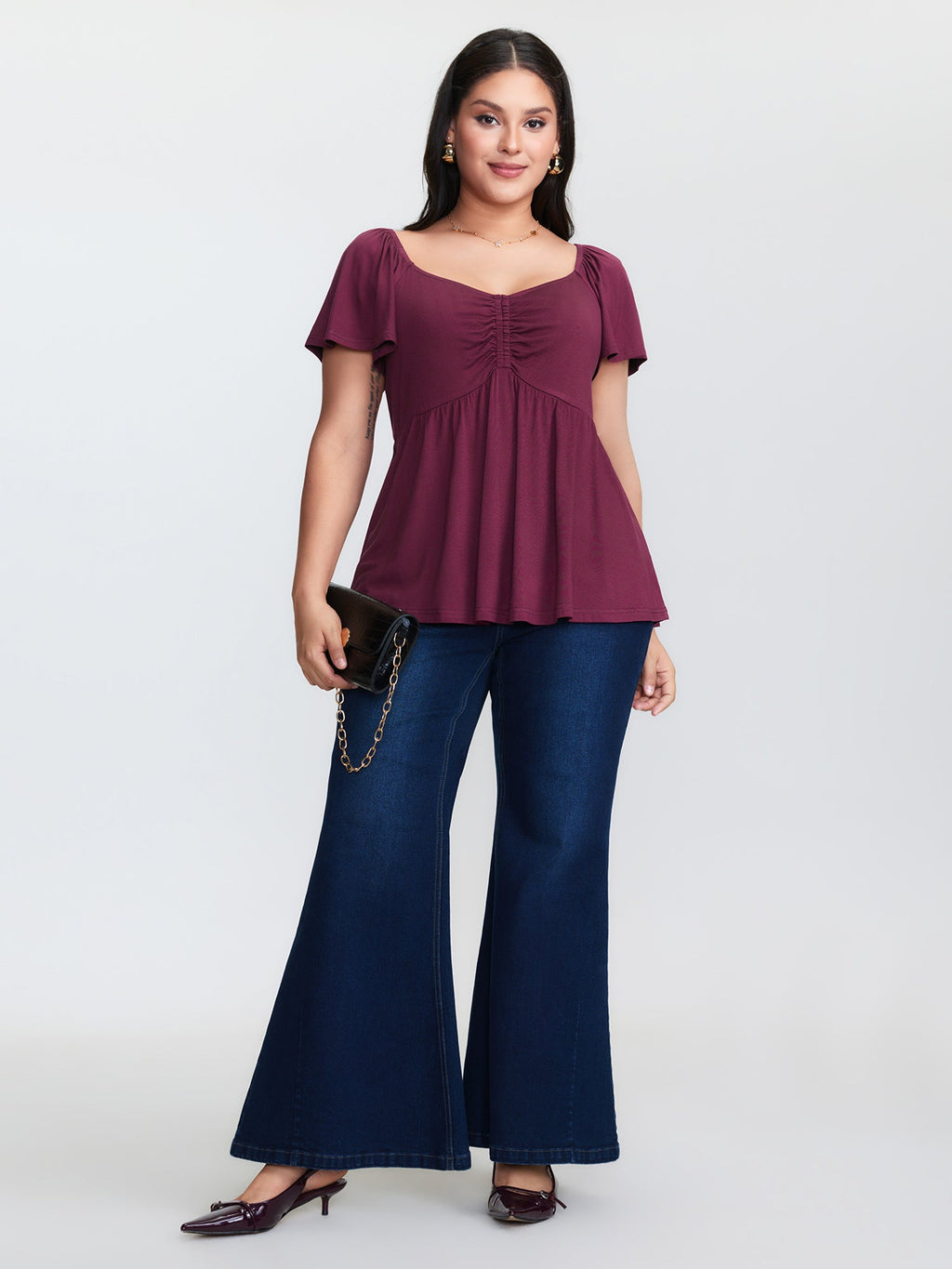 Stretchy Ruched Bodice Pleated Knit Top