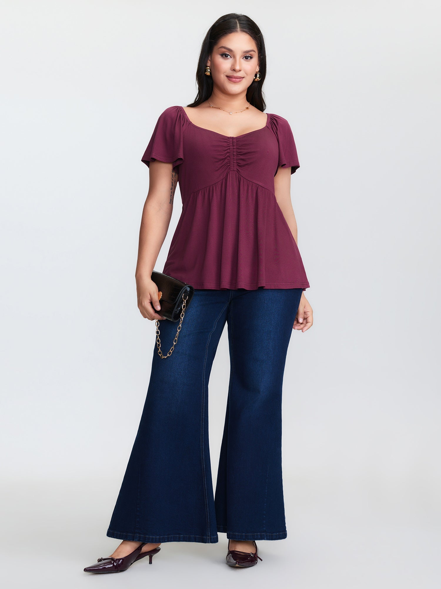 Stretchy Ruched Bodice Pleated Knit Top