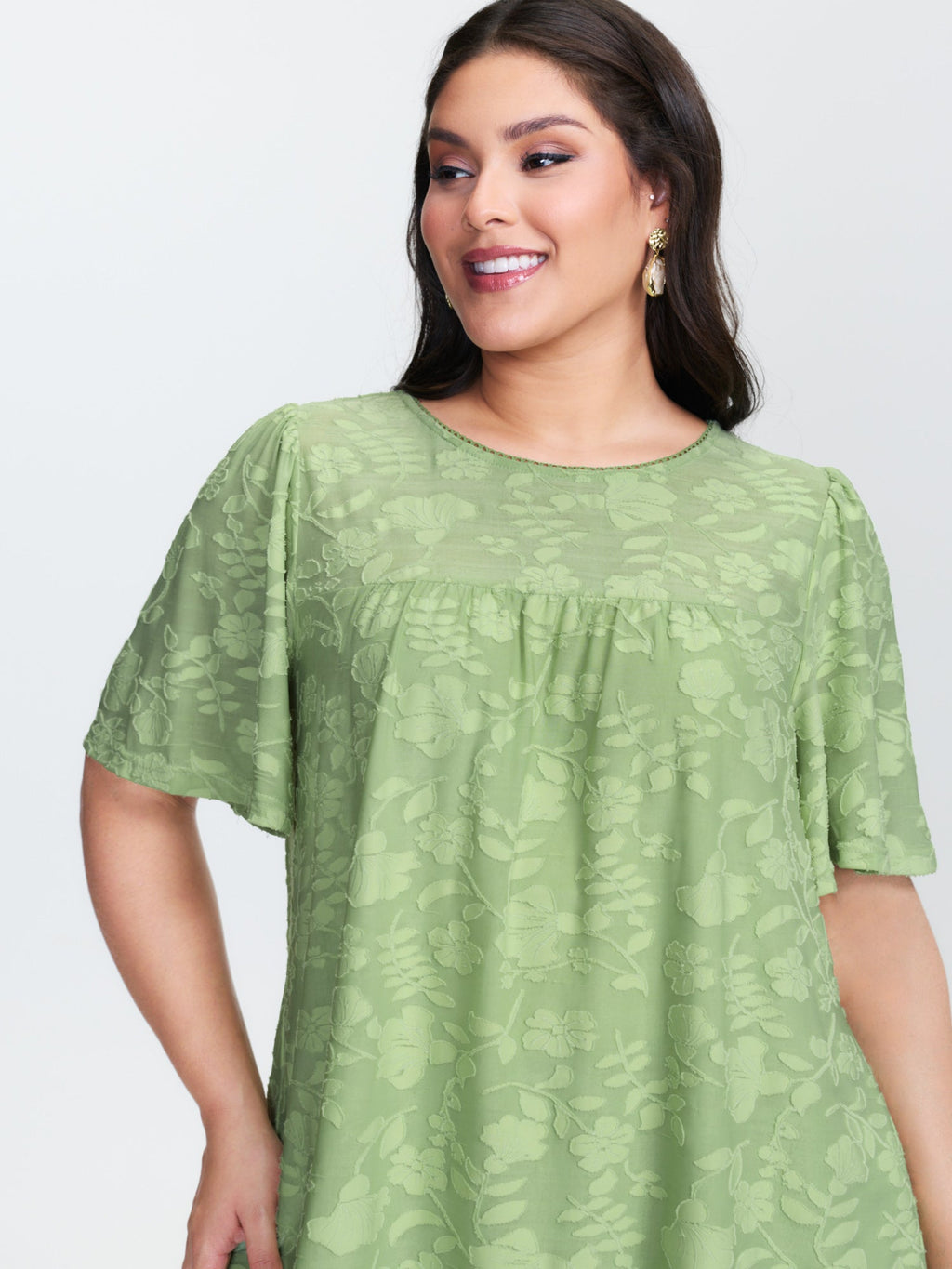 Textured Lace Neckline Flowy Sleeve Blouse