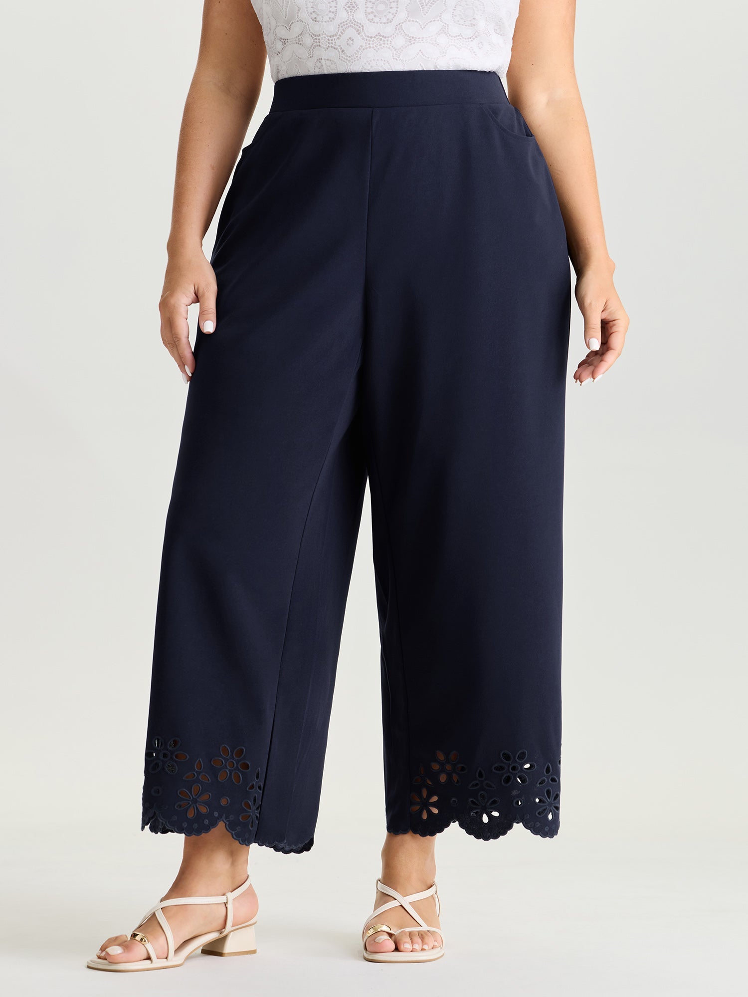 Cut-Out Embroidered Hem Plain Pants
