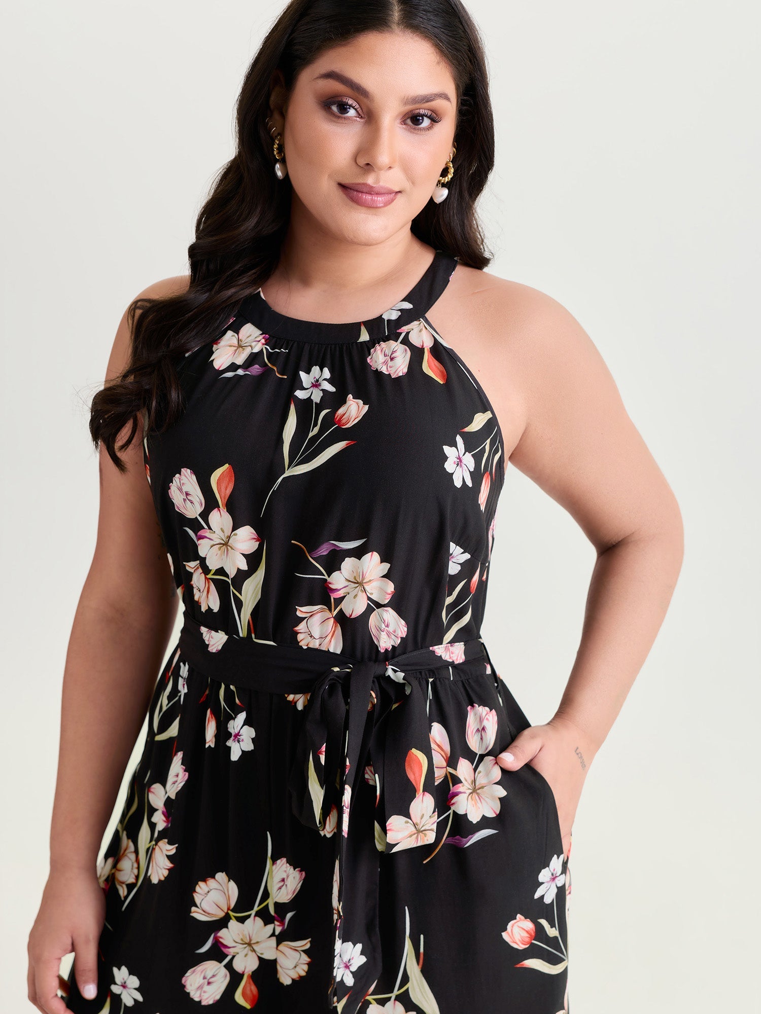 Large Floral Print Halter Neckline Jumpsuit