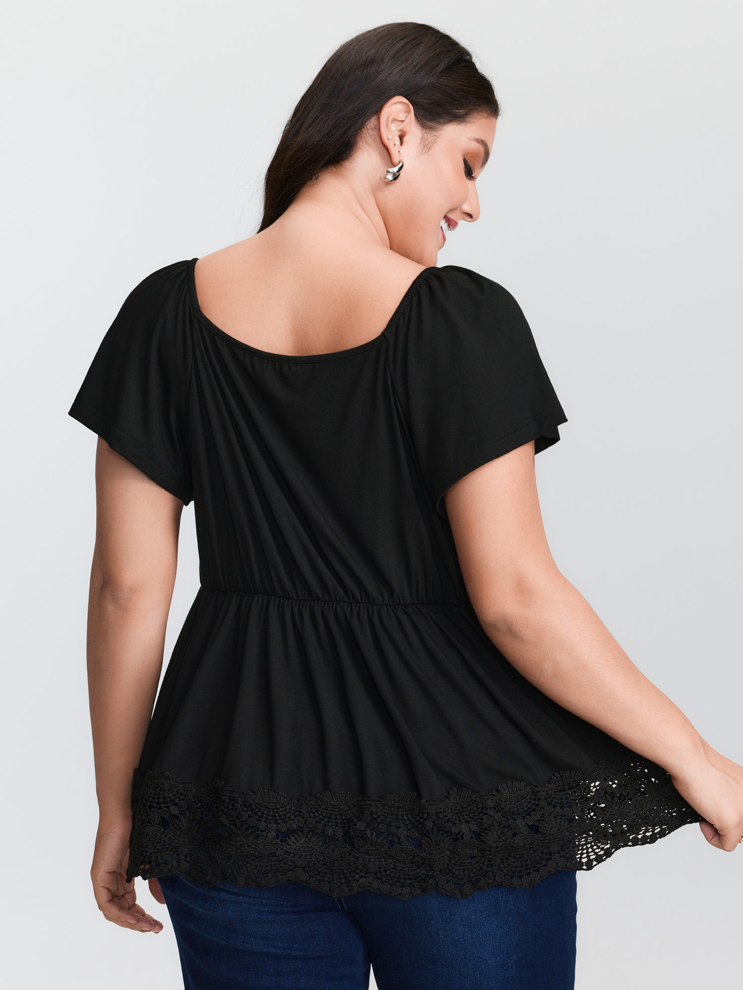 Lace Trim Flared Sleeve Ruched-Front Knit Top