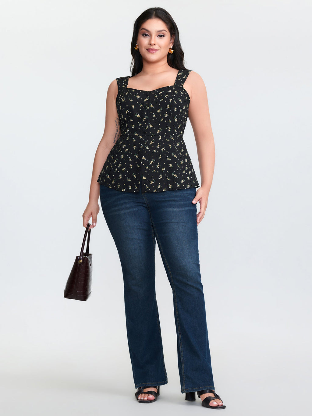 Floral Print Shirred Cinched-Waist Tank Top