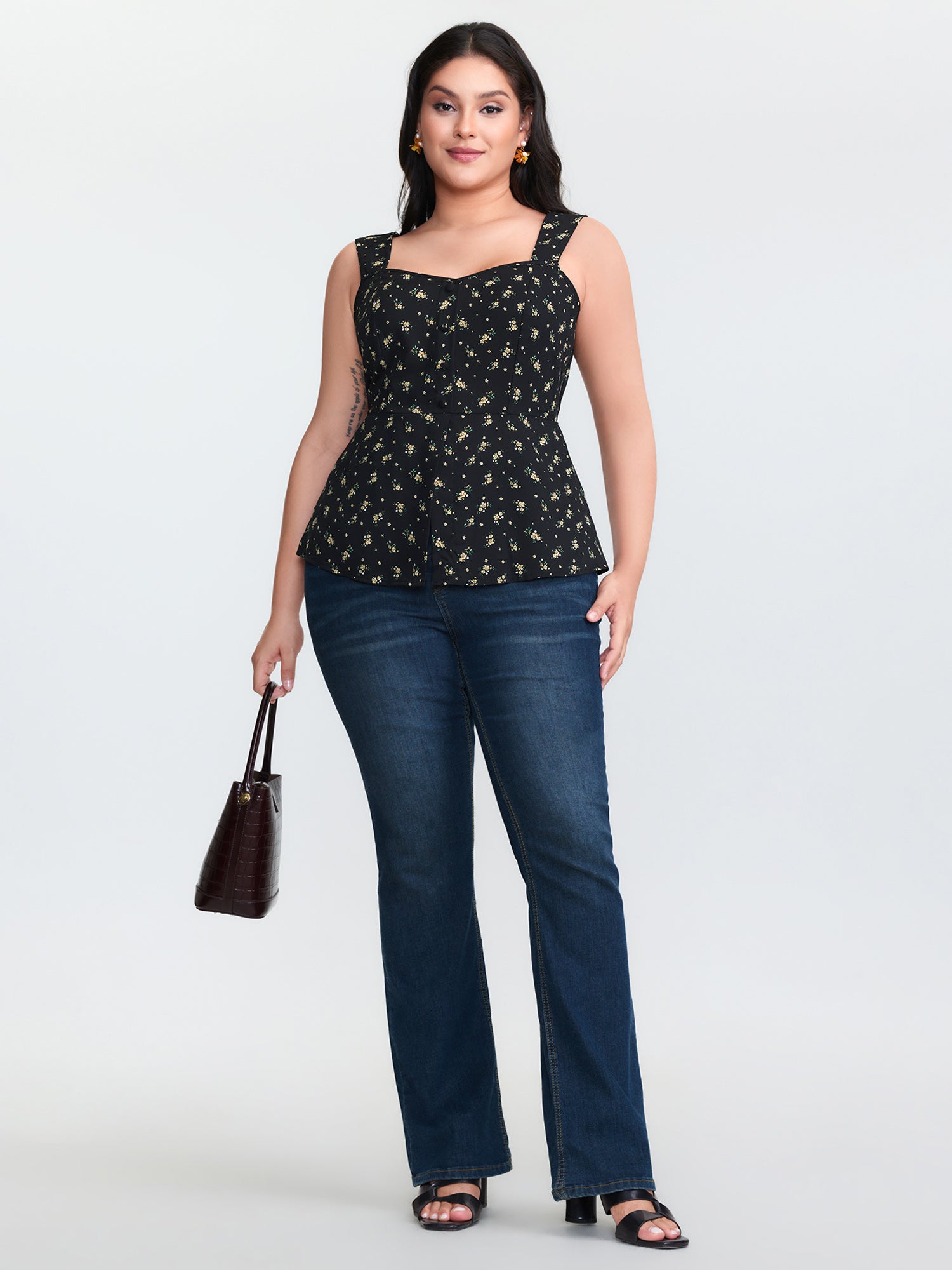 Floral Print Shirred Cinched-Waist Tank Top