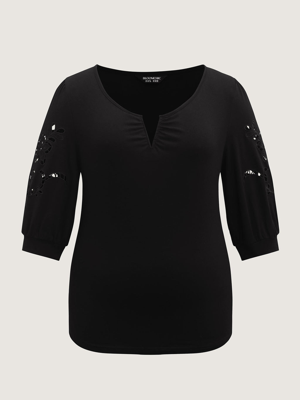 Cut-Out Embroidery Sleeve Solid T-Shirt