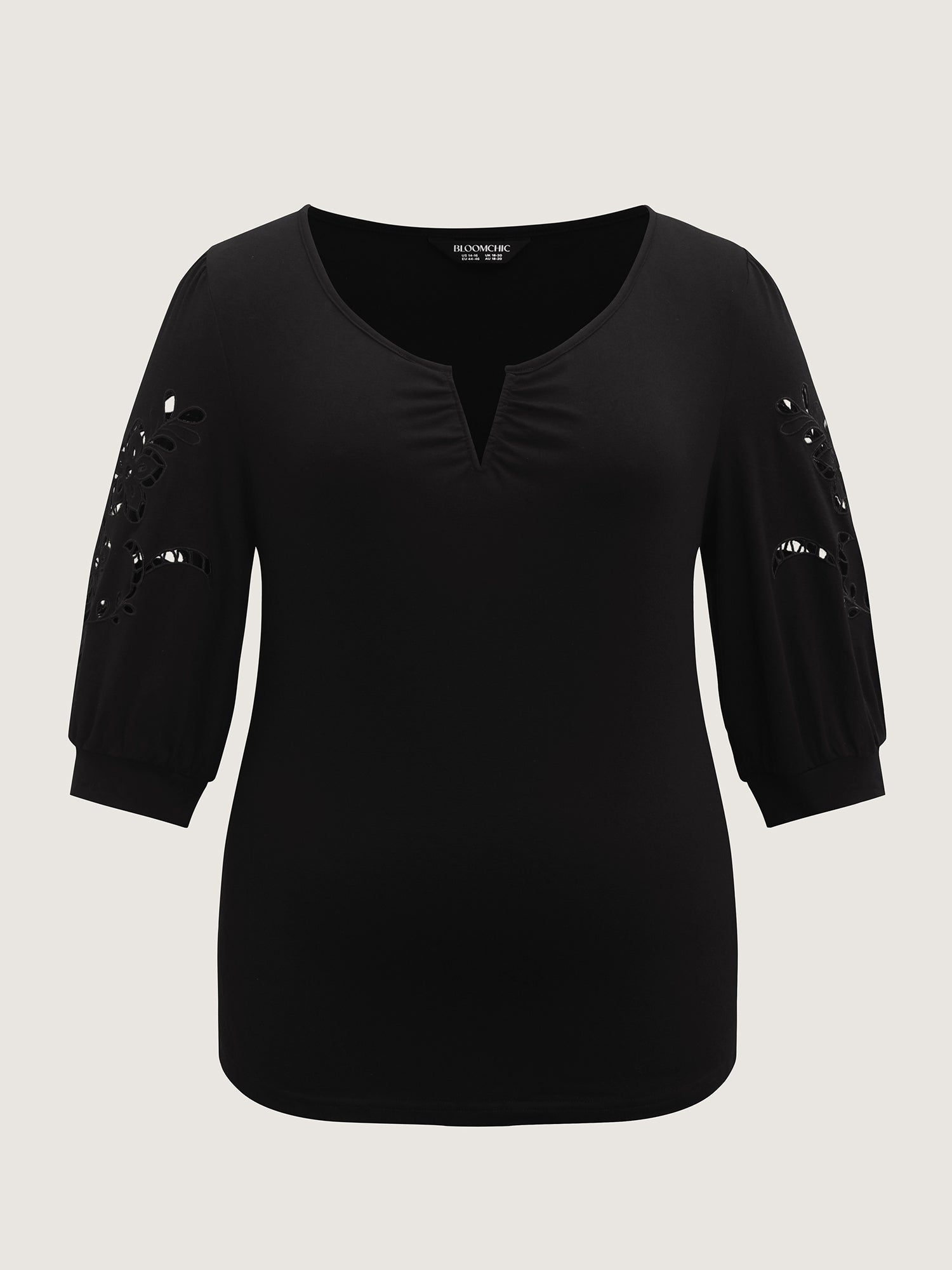 Cut-Out Embroidery Sleeve Solid T-Shirt