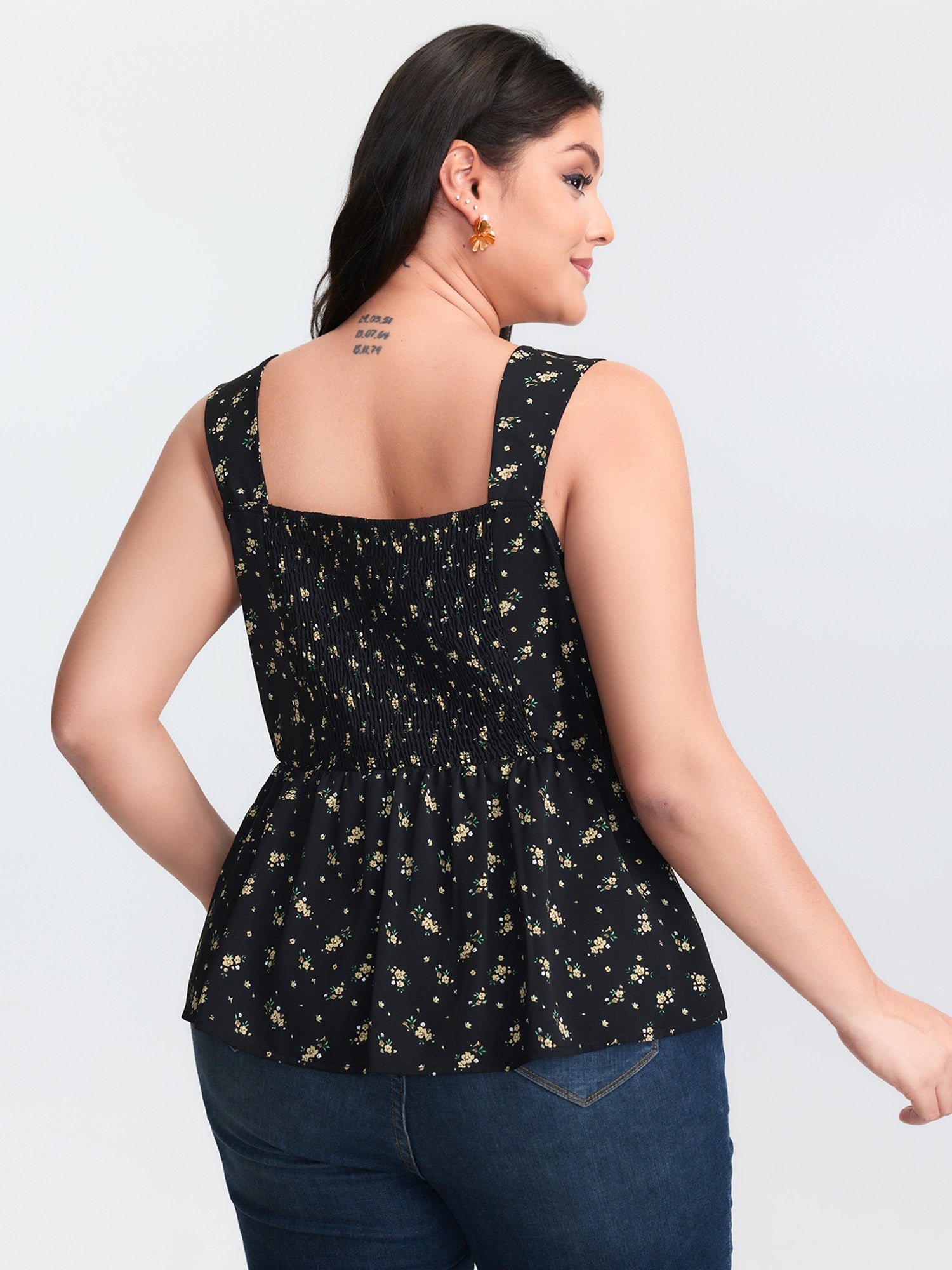 Floral Print Shirred Cinched-Waist Tank Top