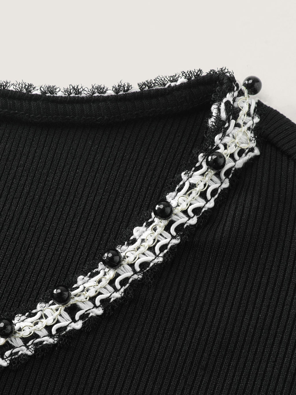Beaded Neckline Stretchy Plain T-Shirt