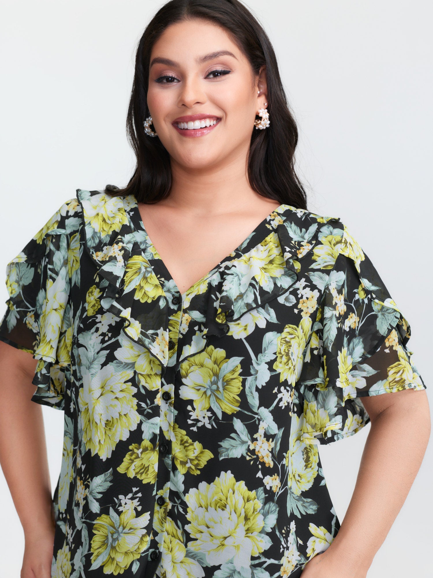 Floral Print Ruffled Edges Blouse