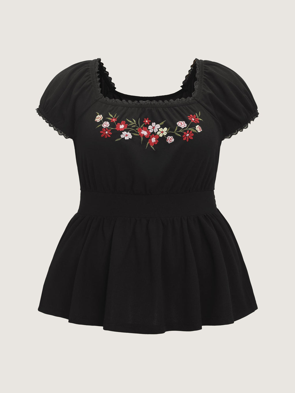 Floral Embroidered Babydoll Plain Knit Top