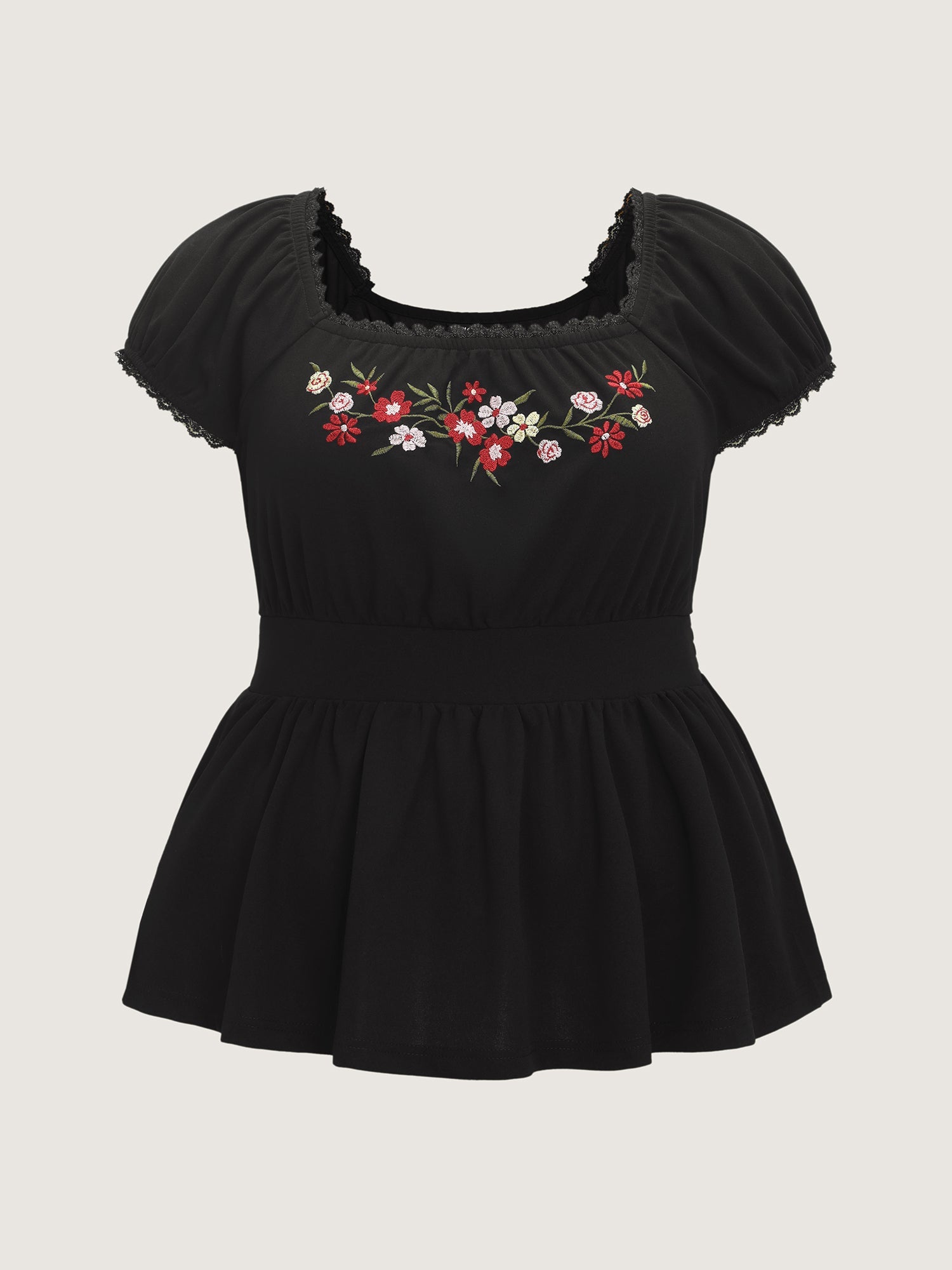 Floral Embroidered Babydoll Plain Knit Top