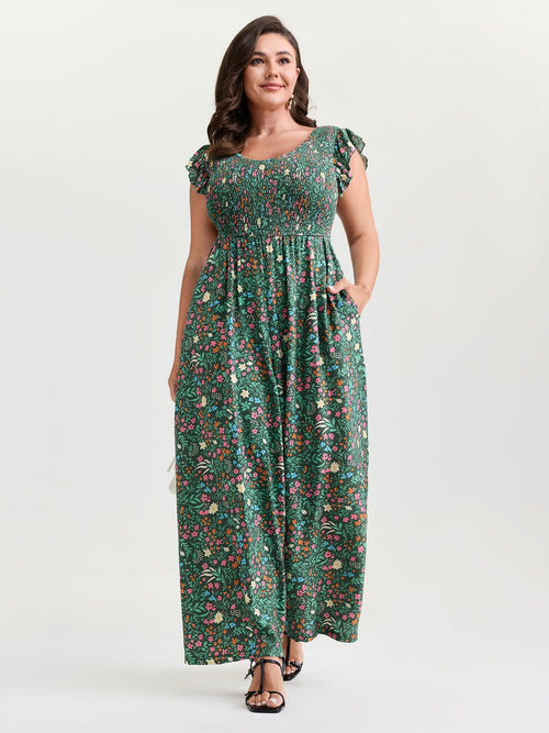 Breezy Floral Print Flutter Sleeve Jumpsuit