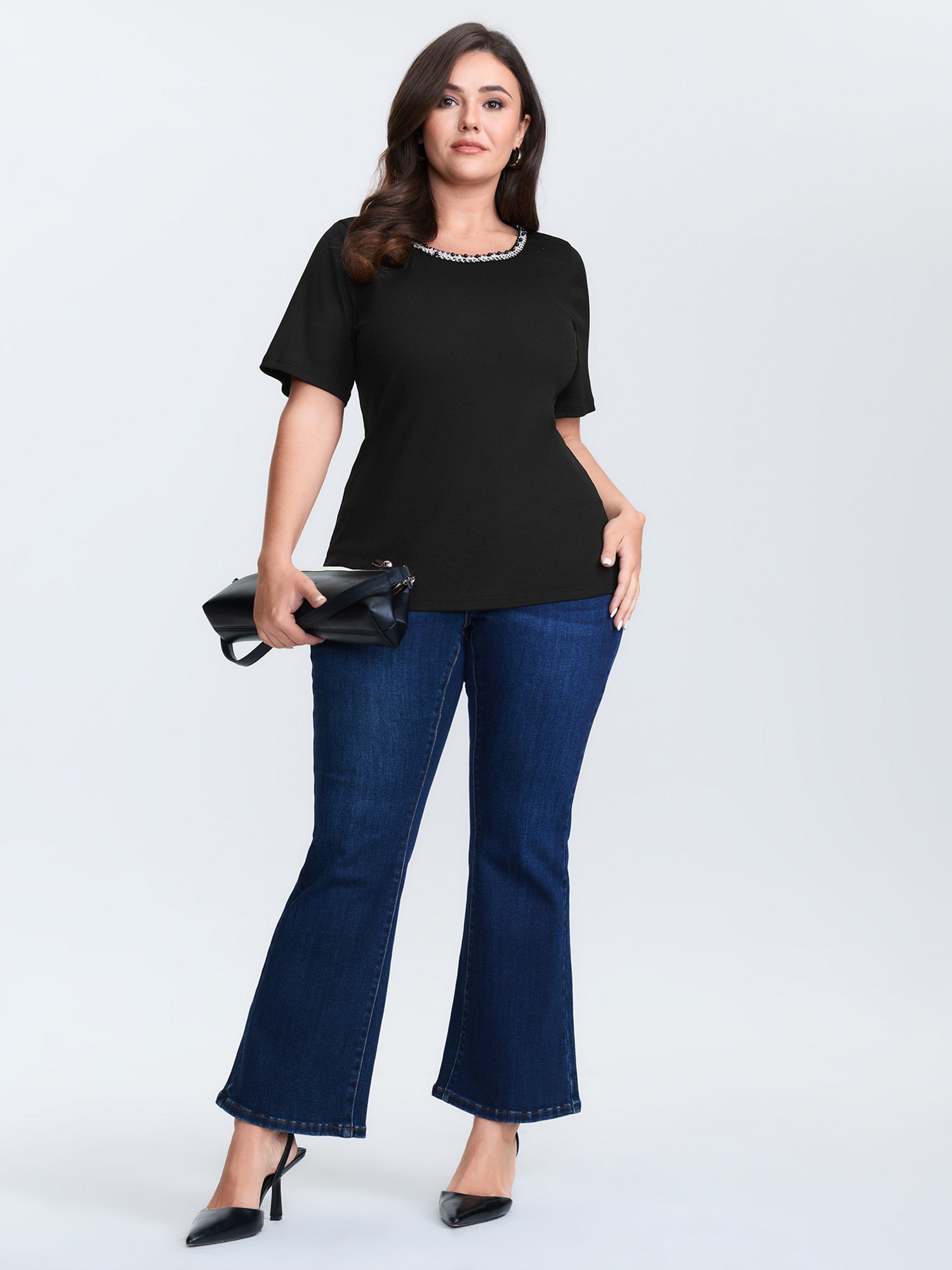 Beaded Neckline Stretchy Plain T-Shirt