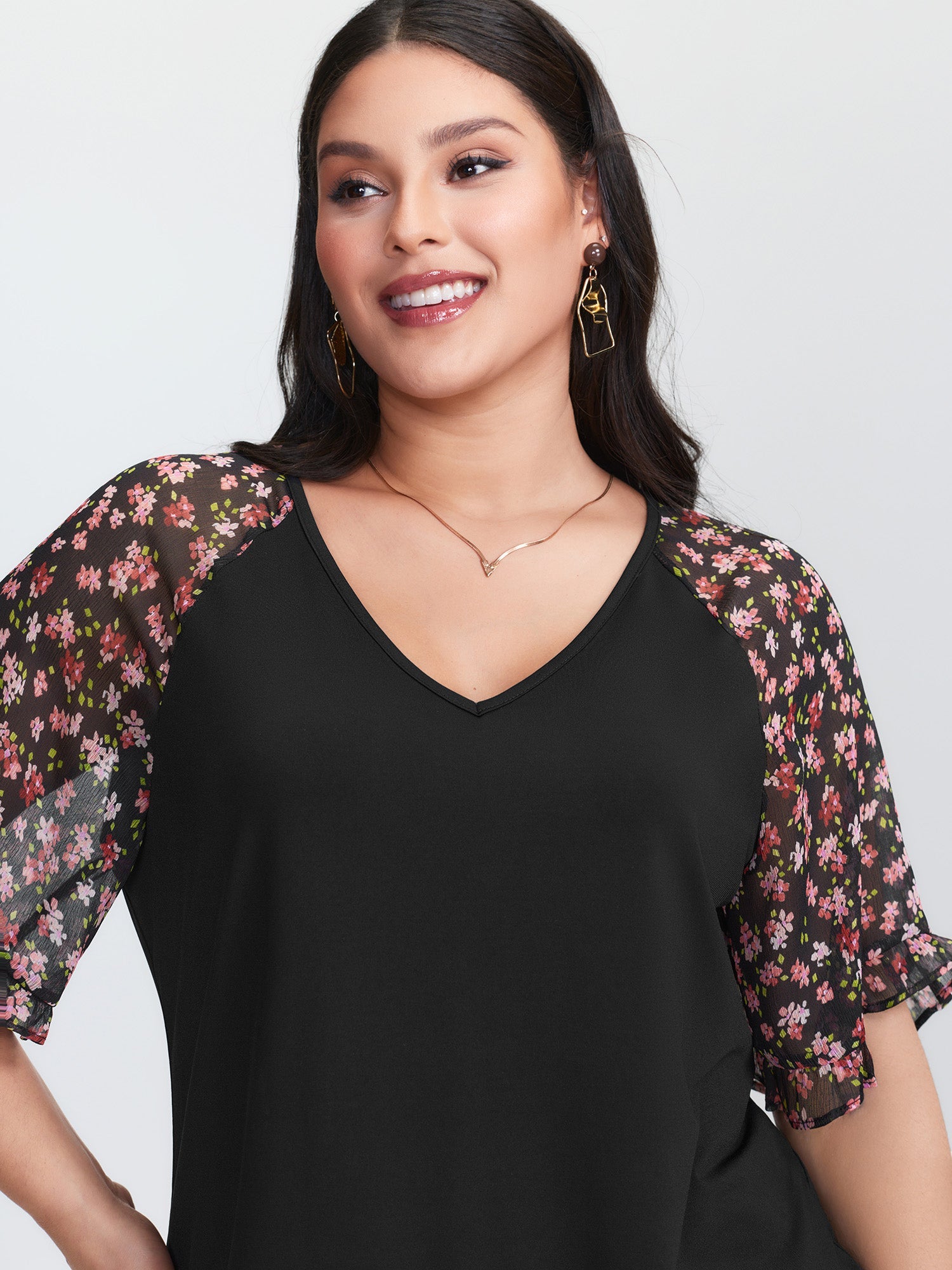 Sheer Floral Print Ruffled Cuff Sleeve Top