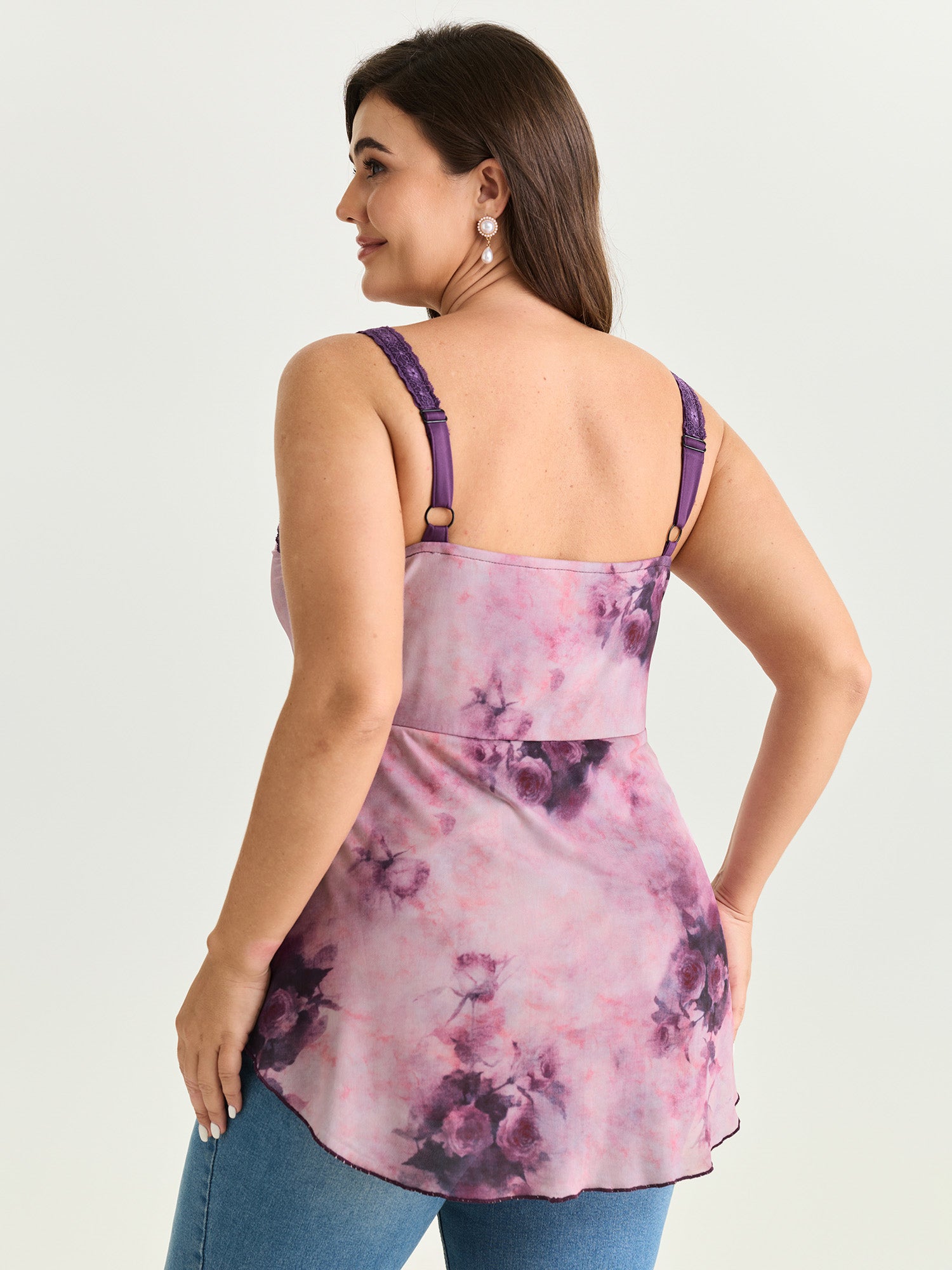 Floral Print Lace Detail Asymmetrical Tank Top