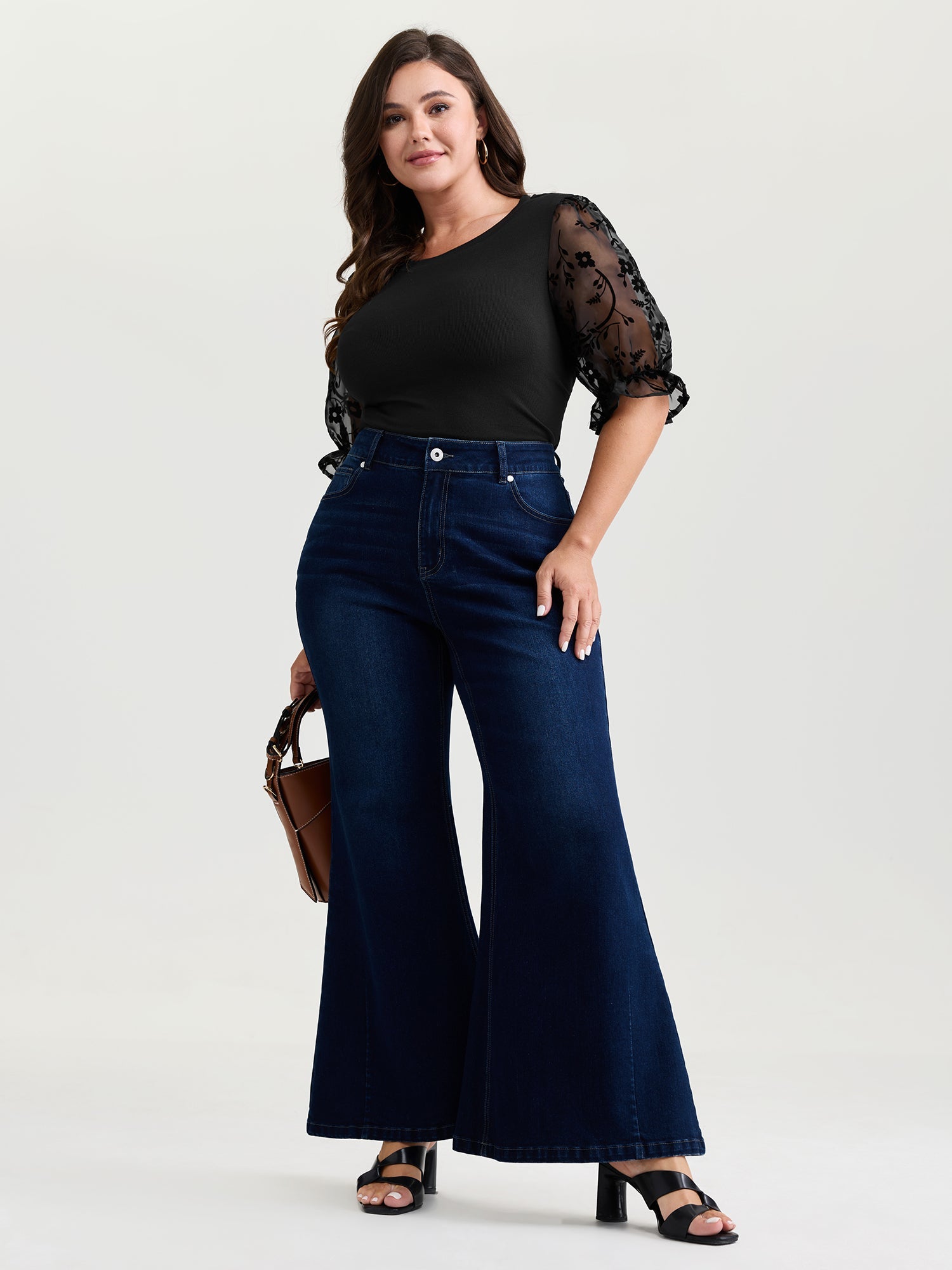 Sheer Puffy Sleeve Round Neck T-Shirt