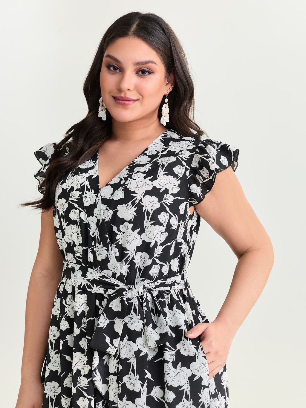 Floral Print Wrap Neckline Side Tie Midi Dress