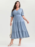 Textured Lace Trim Wrap Neckline Tiered Midi Dress