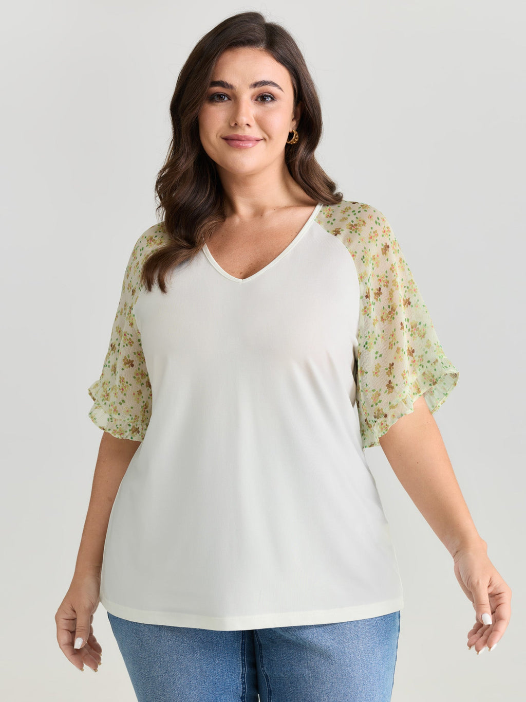 Sheer Floral Print Ruffled Cuff Sleeve Top
