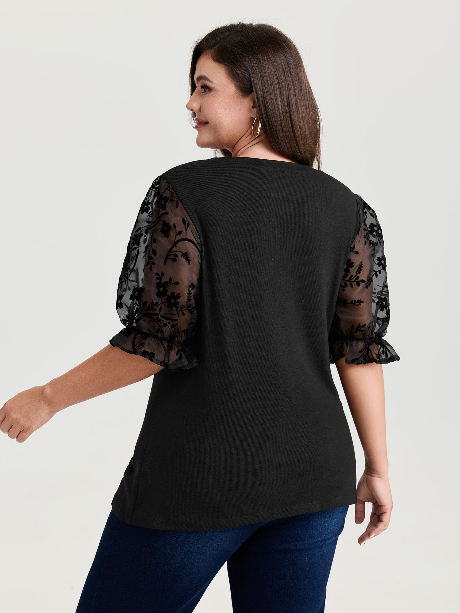 Sheer Puffy Sleeve Round Neck T-Shirt