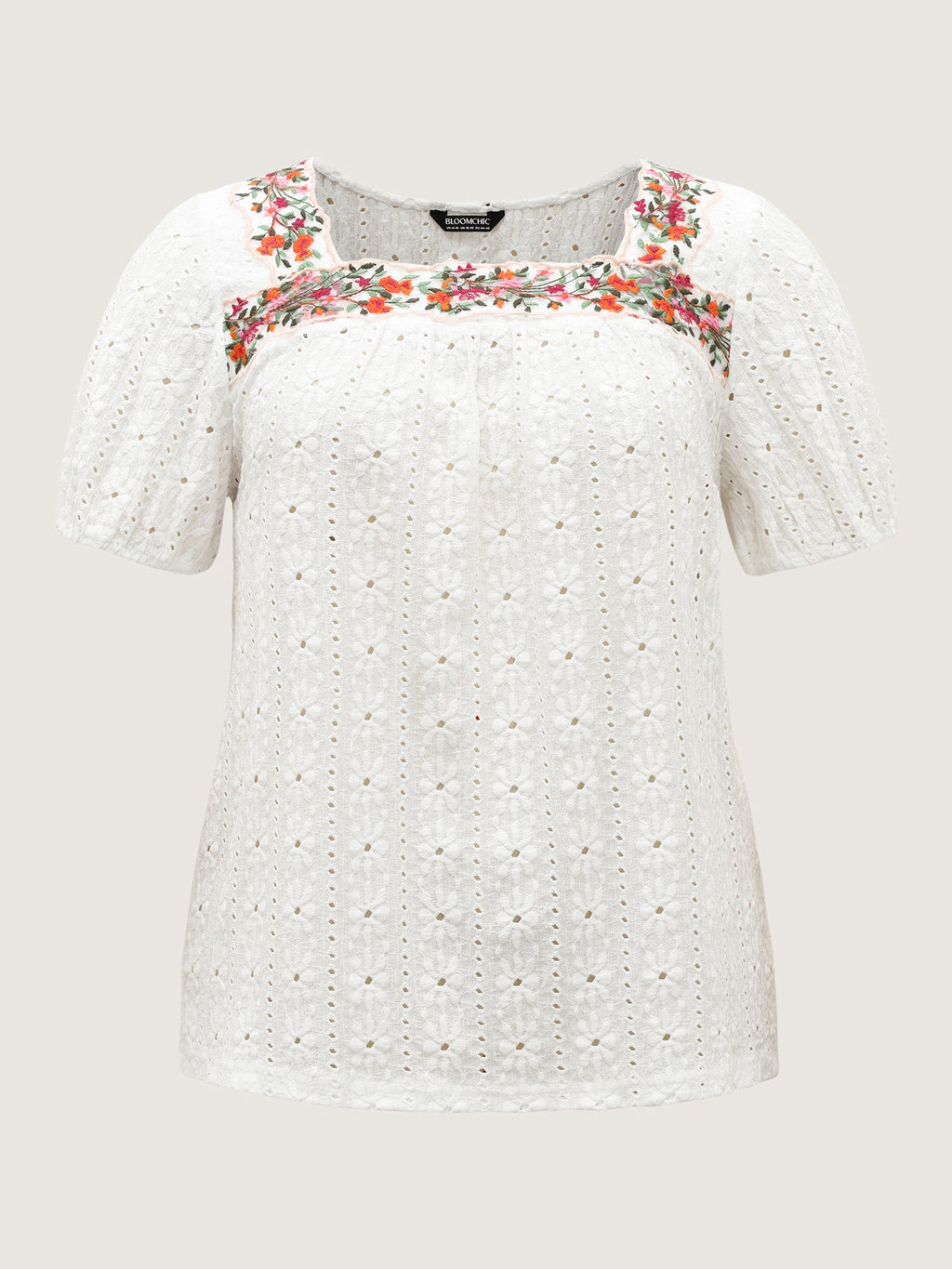 Eyelet Trim Floral Embroidered Solid T-Shirt